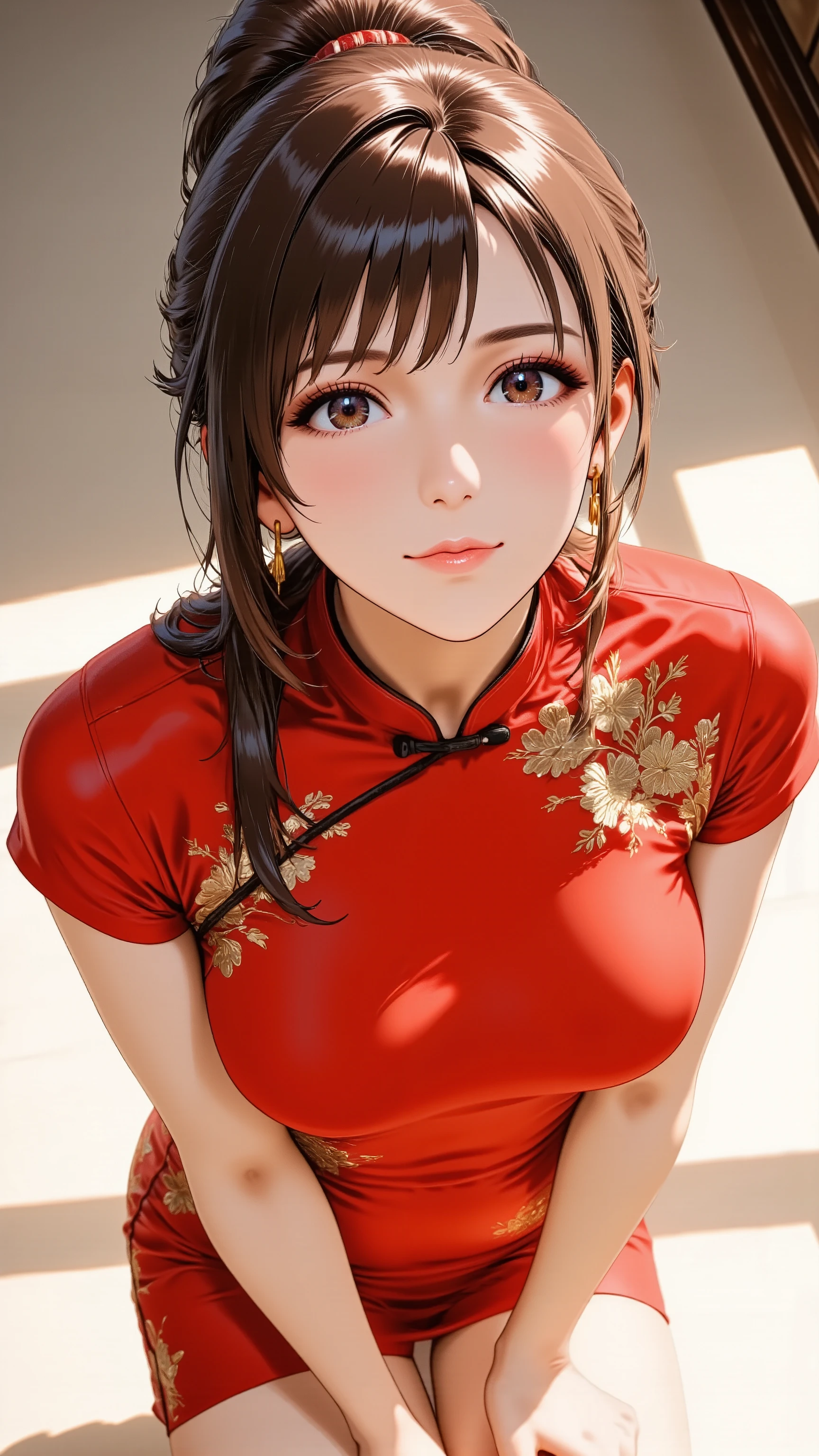 A glamorous adult woman with lustrous brown hair styled in a high ponytail. She has natural makeup with a soft blush. She has natural and correct anatomy, perfectly rendered hands with five fingers, and well-proportioned limbs. She is wearing a form-fitting red qipao (cheongsam) with intricate gold embroidery. She stands, gracefully arching her back slightly, her head tilted back as she looks up from a very high angle directly at the viewer with a gentle, captivating smile. Her hands are elegantly clasped loosely in front of her. Shot from a high above angle, thigh-up portrait.