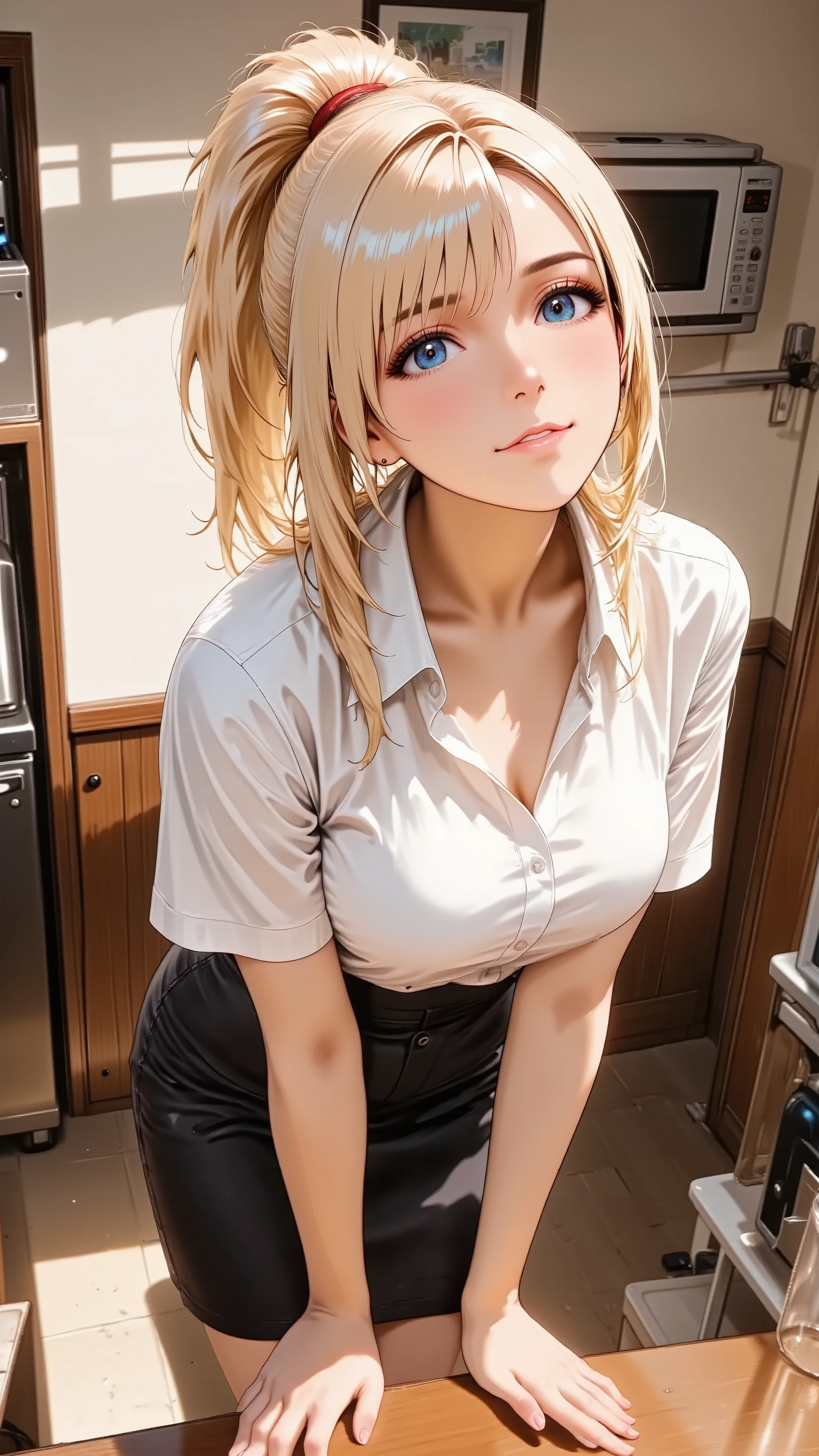A charming adult woman with long blonde hair styled in a high ponytail. She has natural makeup. She has natural and correct anatomy, perfectly rendered hands with five fingers, and well-proportioned limbs. She is wearing a crisp white shirt and a dark barista apron. She stands behind a coffee counter, gracefully arching her back slightly, her head tilted back as she looks up from a high angle directly at the viewer with a warm, welcoming smile. Her hands are lightly resting on the polished counter in front of her. Shot from a high above angle, thigh-up portrait.