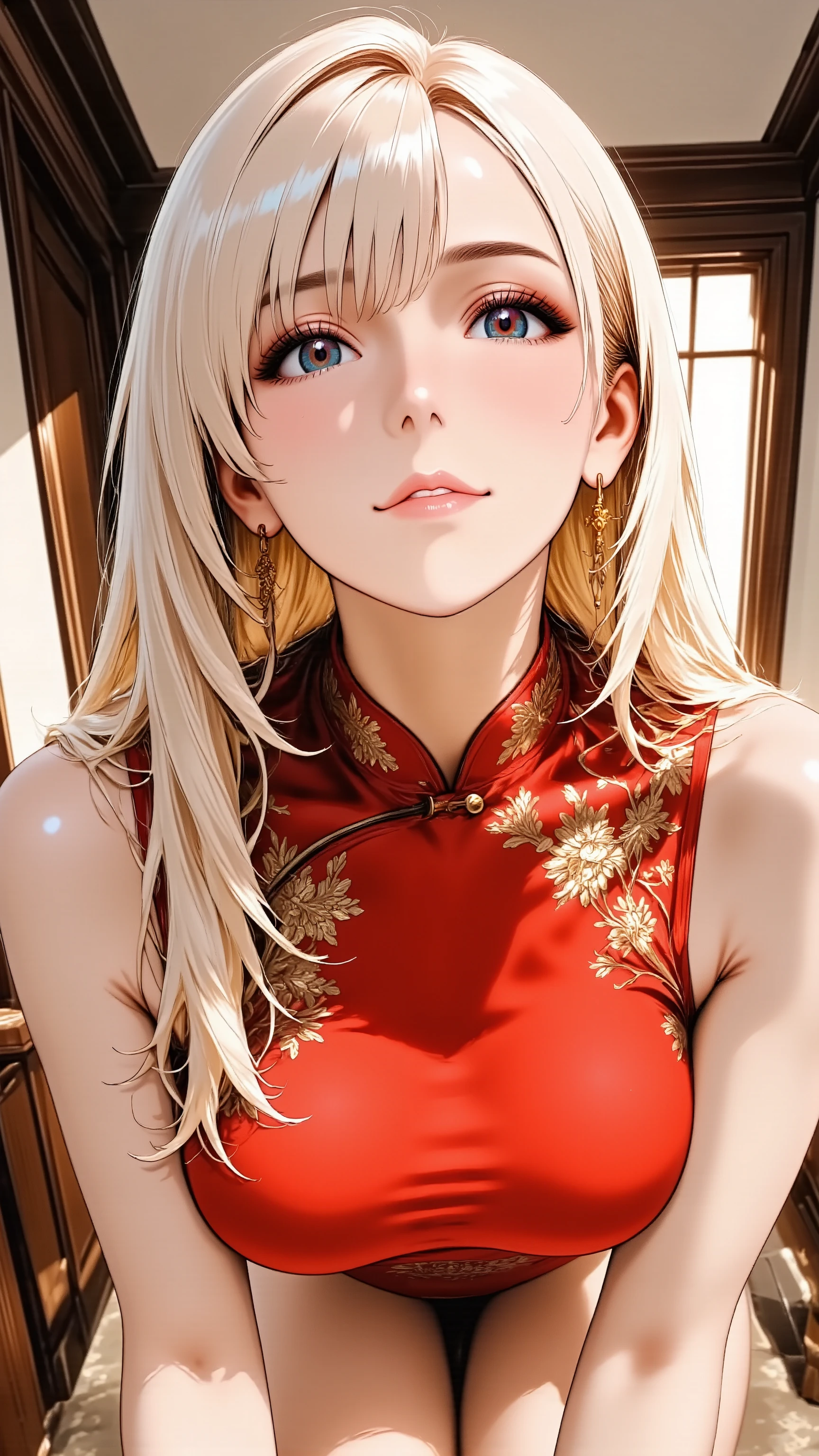 A glamorous adult woman with long, flowing blonde hair. She has natural makeup with a soft blush, confident smile. She has natural and correct anatomy, perfectly rendered hands with five fingers, and well-proportioned limbs. She is wearing a form-fitting red qipao (cheongsam) with intricate gold embroidery. She stands, gracefully arching her back slightly, her head tilted back as she looks up from a very high angle directly at the viewer with a gentle, captivating smile. Her hands are elegantly clasped loosely in front of her. Eye-level shot, thigh-up portrait.