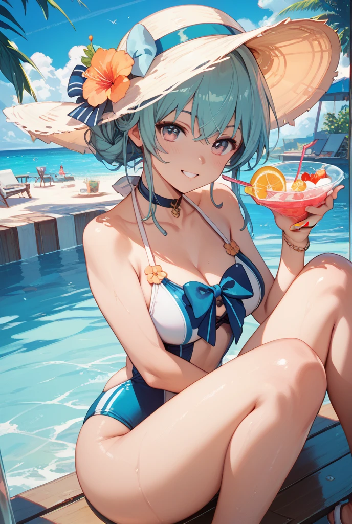 masterpiece, best quality, 
toru asakura, blue hair, earrings, gradient hair, multicolored hair, parted bangs, purple hair, short hair, medium breasts,  fit body, 
(Turquoise) bikini (bottom only),(erect nipples), (wet t-shirt), holding a fruity drink, sitting under umbrella, (wet shirt, white shirt, transparent clothing), wet, 
Blushing, laughing, NSFW
Beach, seaside, bright and sunny,