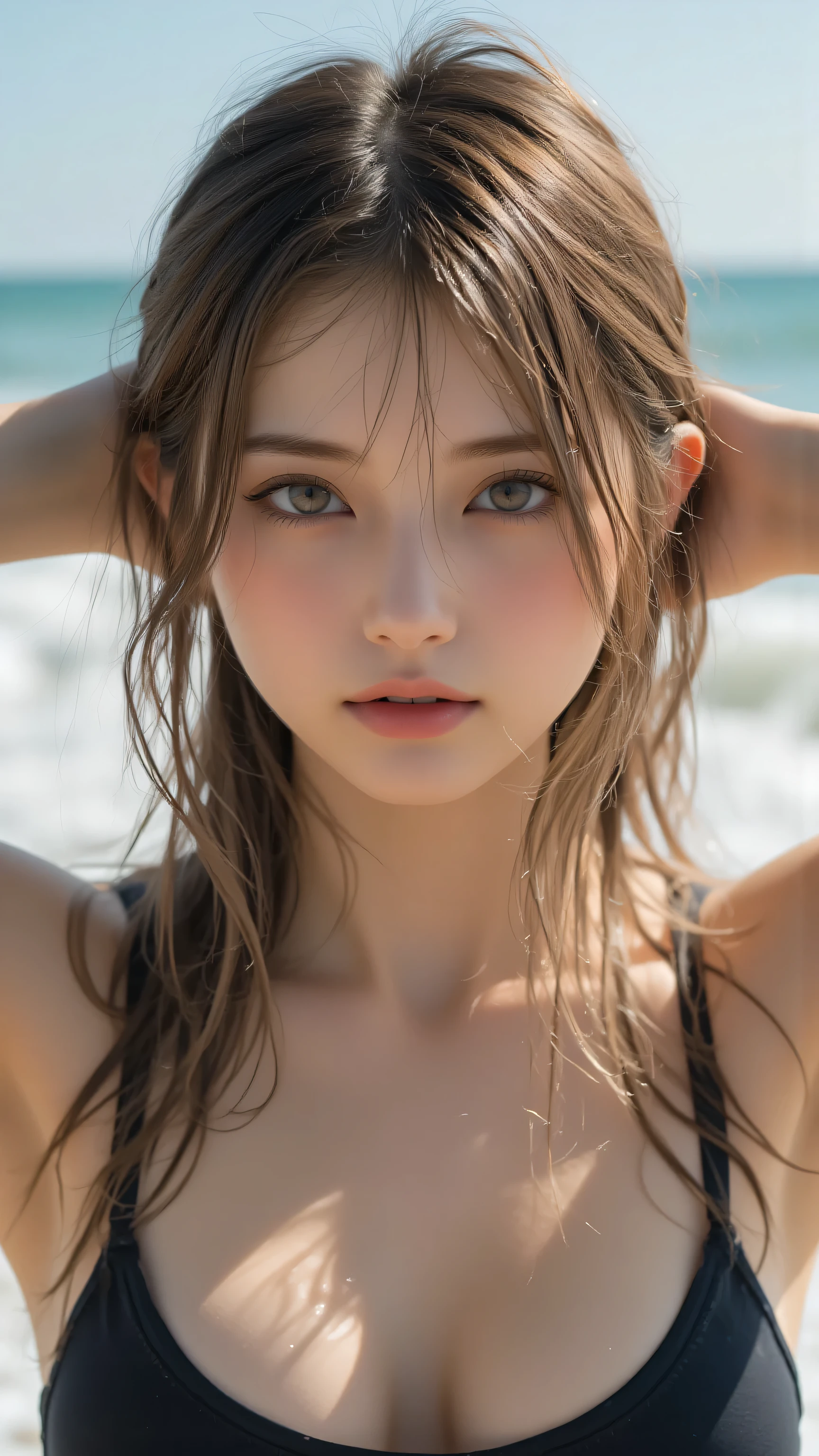 Ultra realistic, pale , soft , diffuse lighting. she has a small nose, High cheekbones, , sparkling blue eyes surrounded by 、 emphasizes every detail of her face , wet blonde hair slightly attached to her face and shoulders , Wet look . high-resolution professional cinematic shot of a young Swedish woman This composition , 彼女は自分にしがみつくおしゃれなビキニを着ていますびしょ濡れになったbody . The woman is wearing a sleek bikini that clings to her body due to being soaked, emphasizes her athletic figure, including her toned thighs and curves . standing confidently with her hands behind her head , A young Swedish woman、A high-resolution professional who performs sensual dances with graceful movements that exude elegance and charisma Cinematic shot with specifications . The background is clean and minimal, emphasizes her athletic figure . Filmed in 4K ultra high definition with clear focus and no blur , The details of her face, body, and wet textures . This composition is、captures her graceful beauty and dynamic movements in a visually balanced horizontal format.