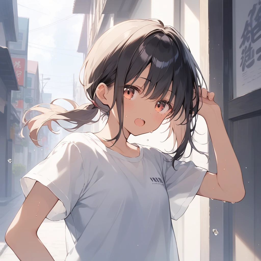 score_9, score_8_up, score_7_up, source_anime, best quality, masterpiece, official art, absurdres, highres, ultra-detailed,waifu2x,Collection: Slice of Life,break,1girl, tomboy, dark-skinned female, short hair, low ponytail, flat , beautiful detailed eyes, short shorts, sweat, open mouth, (yawn:0.3), sleepily, outdoors, wind, break,(clear line illustration:1.2),very high resolution, very aesthetic, super detailed skin, Best lighting powered by famous artist, 8k,cute picture,beauty illustration,photoshop_(medium),,(Detailed Lighting),best anime 8k konachan wallpaper, pixiv contest winner,