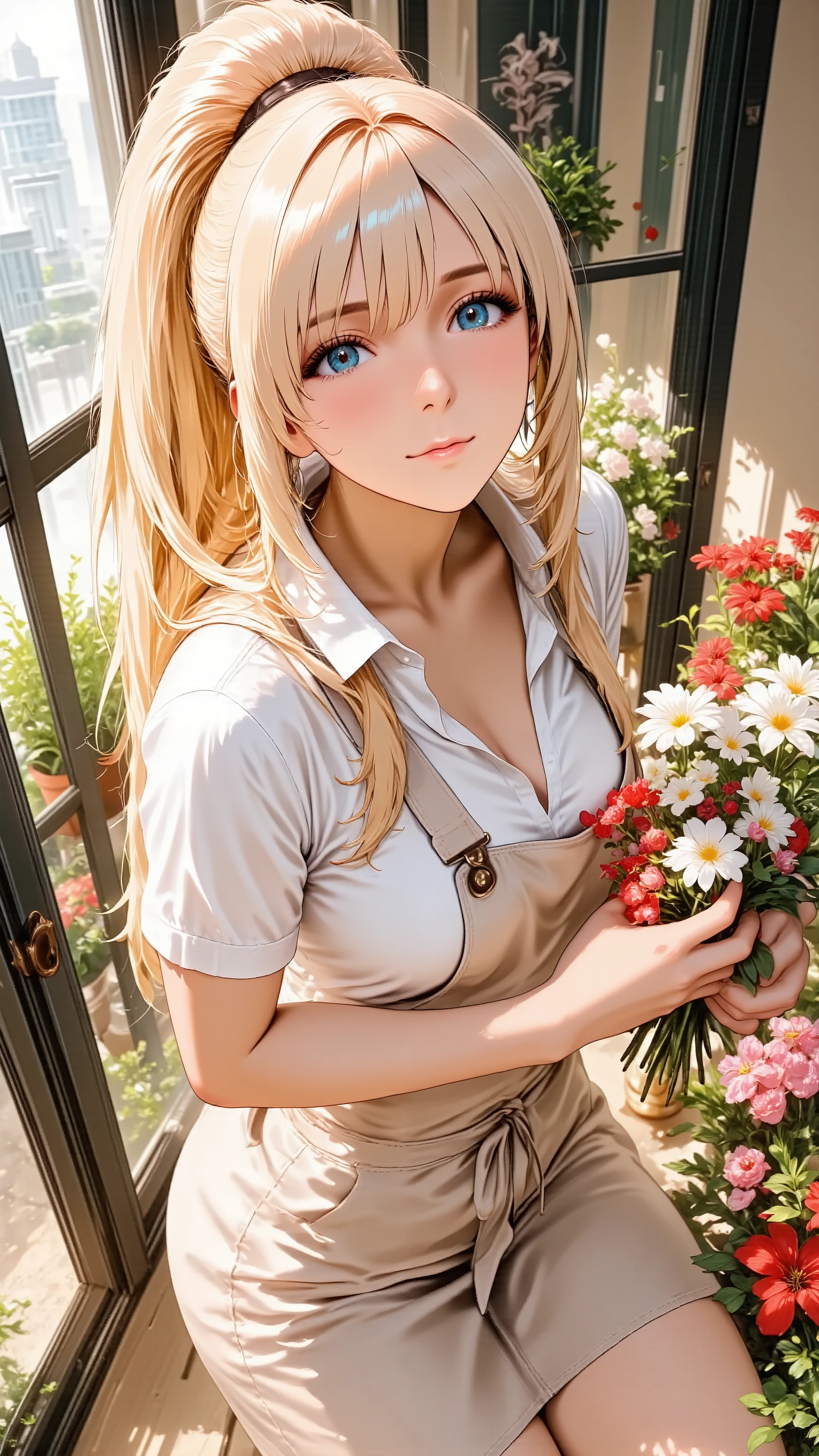 A lovely adult woman with long blonde hair styled in a high ponytail. She has natural makeup and a gentle, inviting smile. She has natural and correct anatomy, perfectly rendered hands with five fingers, and well-proportioned limbs. She is wearing a soft linen shirt and a gardening apron, surrounded by vibrant flowers in a flower shop. She stands, gracefully arching her back slightly, her head tilted back as she looks up from a high angle directly at the viewer. Her hands are delicately holding a small bouquet of flowers near her chest. Shot from a high above angle, thigh-up portrait.