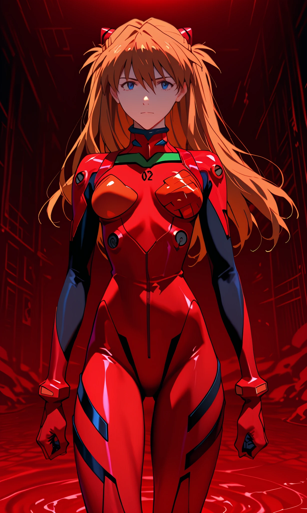 1 Girl, rainbow holographic combat suit,Nano combat suit,mesh combat suit, souryuu_Asuka_Langley, , red_Bodysuit, neon_Genesis_Evangelion, , plug suit, Third Impact, Lake of Blood, Ruined City,
ultra detail that will make you look down, super high resolution, ultra quality, masterpiece anime style, HDR,