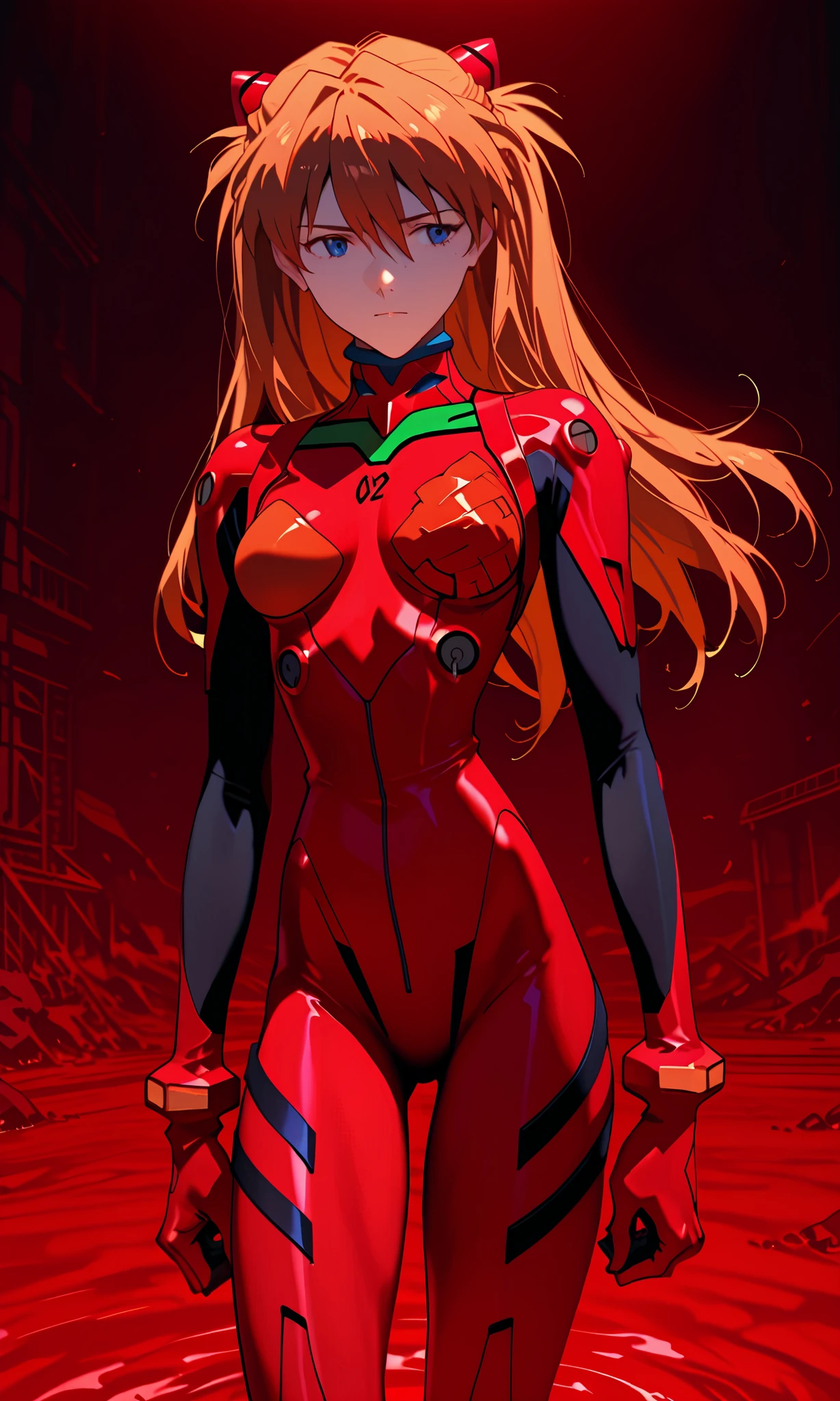 1 Girl, rainbow holographic combat suit,Nano combat suit,mesh combat suit, souryuu_Asuka_Langley, , red_Bodysuit, neon_Genesis_Evangelion, , plug suit, Third Impact, Lake of Blood, Ruined City,
ultra detail that will make you look down, super high resolution, ultra quality, masterpiece anime style, HDR,