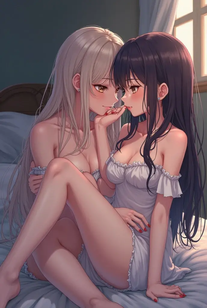 (yuri:1.2),2girls,kiss,white hair,black hair,indoors,on bed,huge breasts,nsfw,, (masterpiece, best quality:1.4),