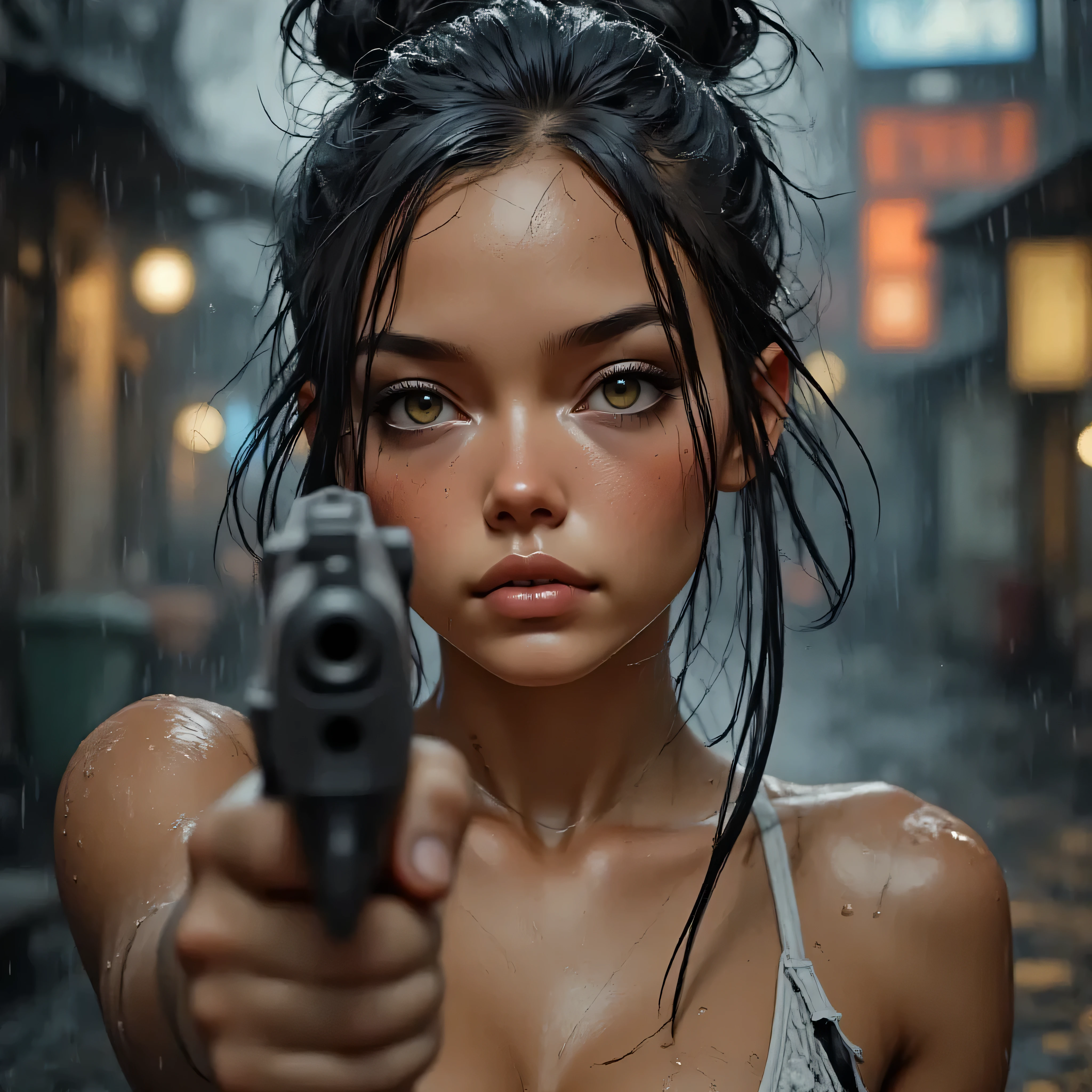 (best quality, masterpiece), (extremely detailed CG unity 8k wallpaper), (photorealistic, finely detailed skin, perfect eyes), (intricate details: wet skin, glistening water droplets, subtle reflections), (cinematic lighting, dramatic shadows, volumetric fog in background),
1girl, young woman, (facing viewer, looking at viewer, intense gaze), (holding gun, aiming at viewer), (wet hair, messy bun, strands of hair sticking to face and neck), (wet white tank top, bra visible underneath, wet clothes clinging to body, slightly transparent), (cleavage, toned arms),
(urban alleyway background, rainy night, neon lights in distance, blurred background, bokeh), (gritty atmosphere, cyberpunk aesthetic hints), (rain, raindrops on lens effect, subtle steam from ground),
(neutral expression, slight pout, confident), (sharp focus on face and gun), (soft bokeh background), (dynamic pose), (rule of thirds composition),
(realistic shading, subsurface scattering on skin), (atmospheric perspective),
(RAW photo, highest resolution, unreal engine 5, octane render)
