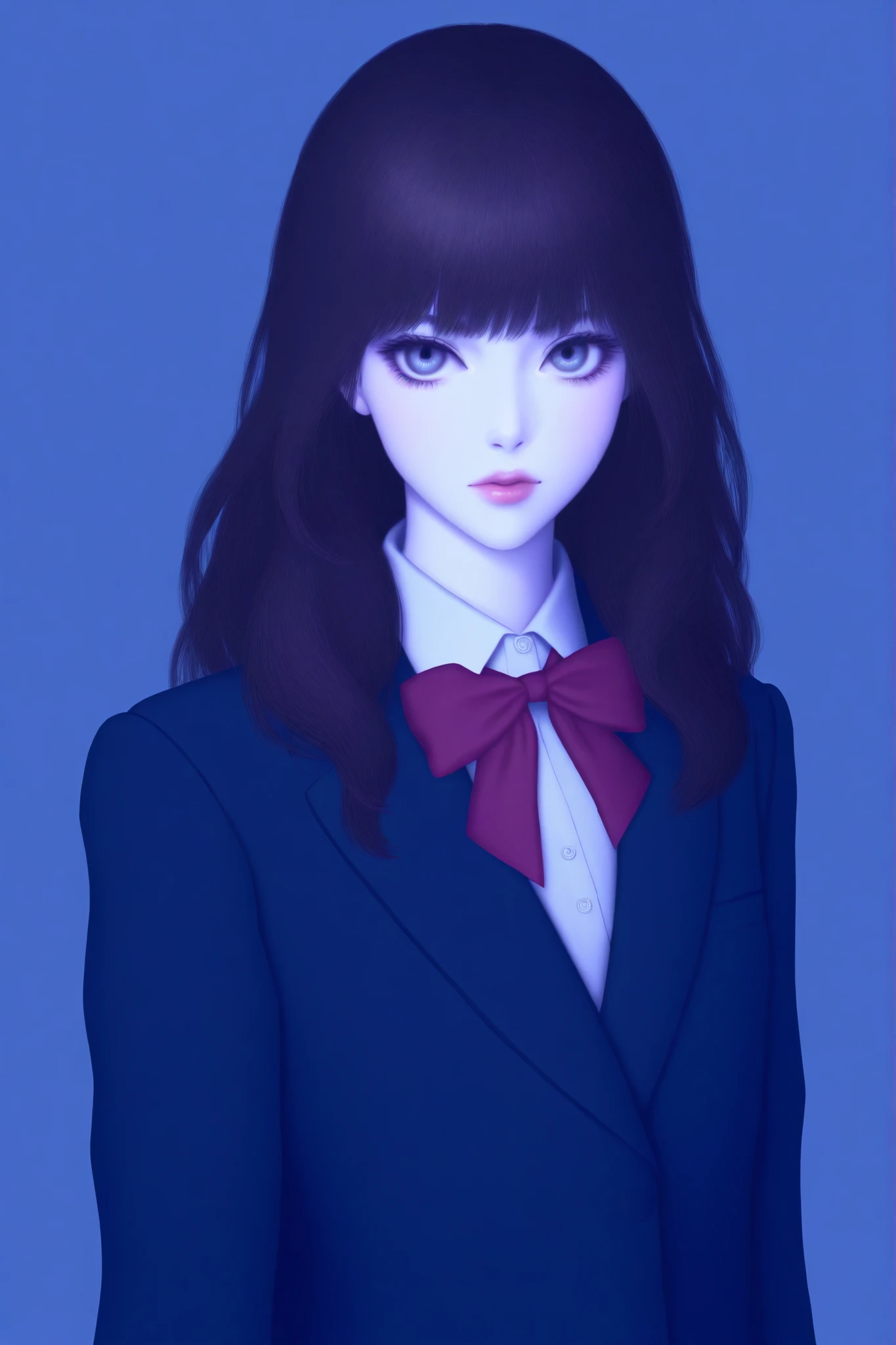 A girl with long wavy and flowing brown hair, gray eyes, calm features, white skin, lip gloss, beautiful, perfect, a masterpiece, wearing a formal school uniform, bright colors, high quality resolution .