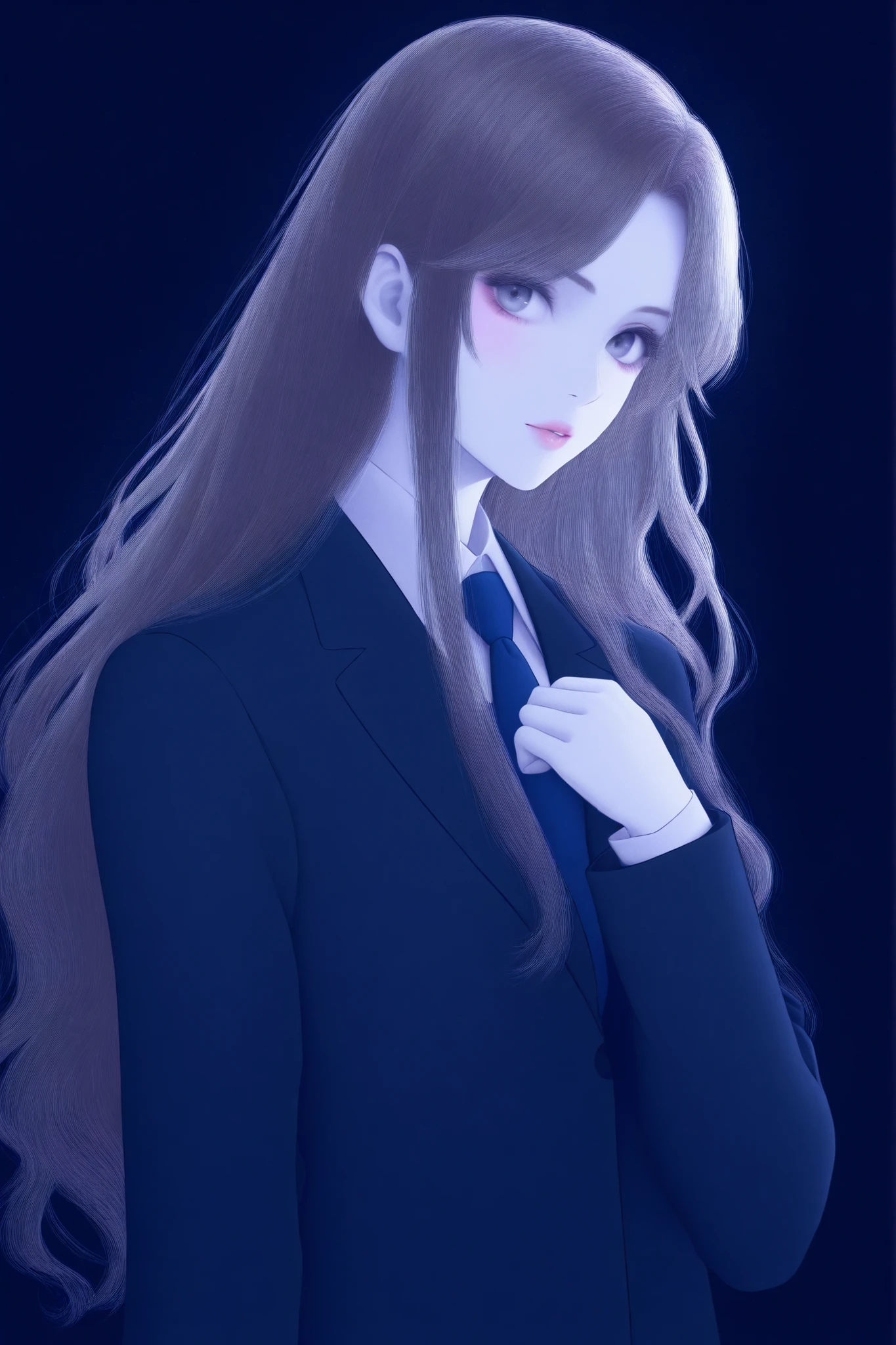 A girl with long wavy and flowing brown hair, gray eyes, calm features, white skin, lip gloss, beautiful, perfect, a masterpiece, wearing a formal school uniform, bright colors, high quality resolution .