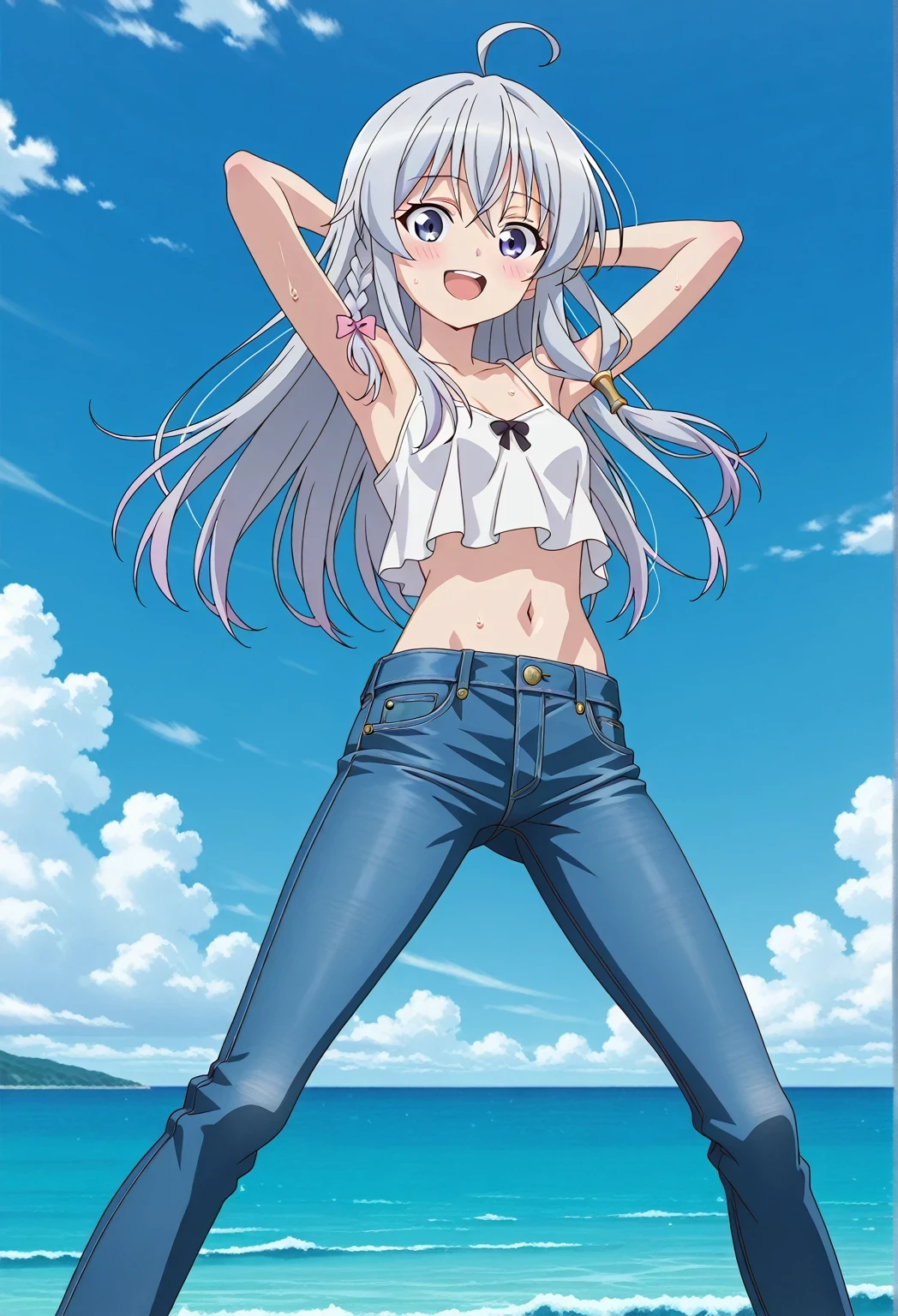score_9, score_8_up, score_7_up, source_anime, highres, hi res, ((best quality, top quality, perfect quality, Highest Quality, amazing quality)), {{masterpiece}}, {{an extremely delicate and beautiful}}, 2d, intricate details, official style, anime, 8k, anime style, official_anime, official art, digital painting, cell shading, soft shading, high resolution, soothing tones, Subdued Color, Soft cinematic light, adobe lightroom, photolab, HDR, intricately and hyper-detailed, ((high quality animation)), 1 girl, Alone, solo, ((ocean)), tsunami, on the water, day, sunny, outdoors, sky, windy, elaina, crossed bangs, side braid, long hair, grey hair, blue eyes, hair tubes, ahoge, anime screencap, small breasts, white camisole top, crop top, white crop top, best quality, hyper-detailed jeans, ((blue jeans:1.9)), full medium body, medium shot, Open mouth, smiling, happy face, blush, sweat, standing, ((arms behind head:6.0)), bowlegged, jumping pose, action, looking at viewer, spread legs, Bend knees slightly, straight-on front view