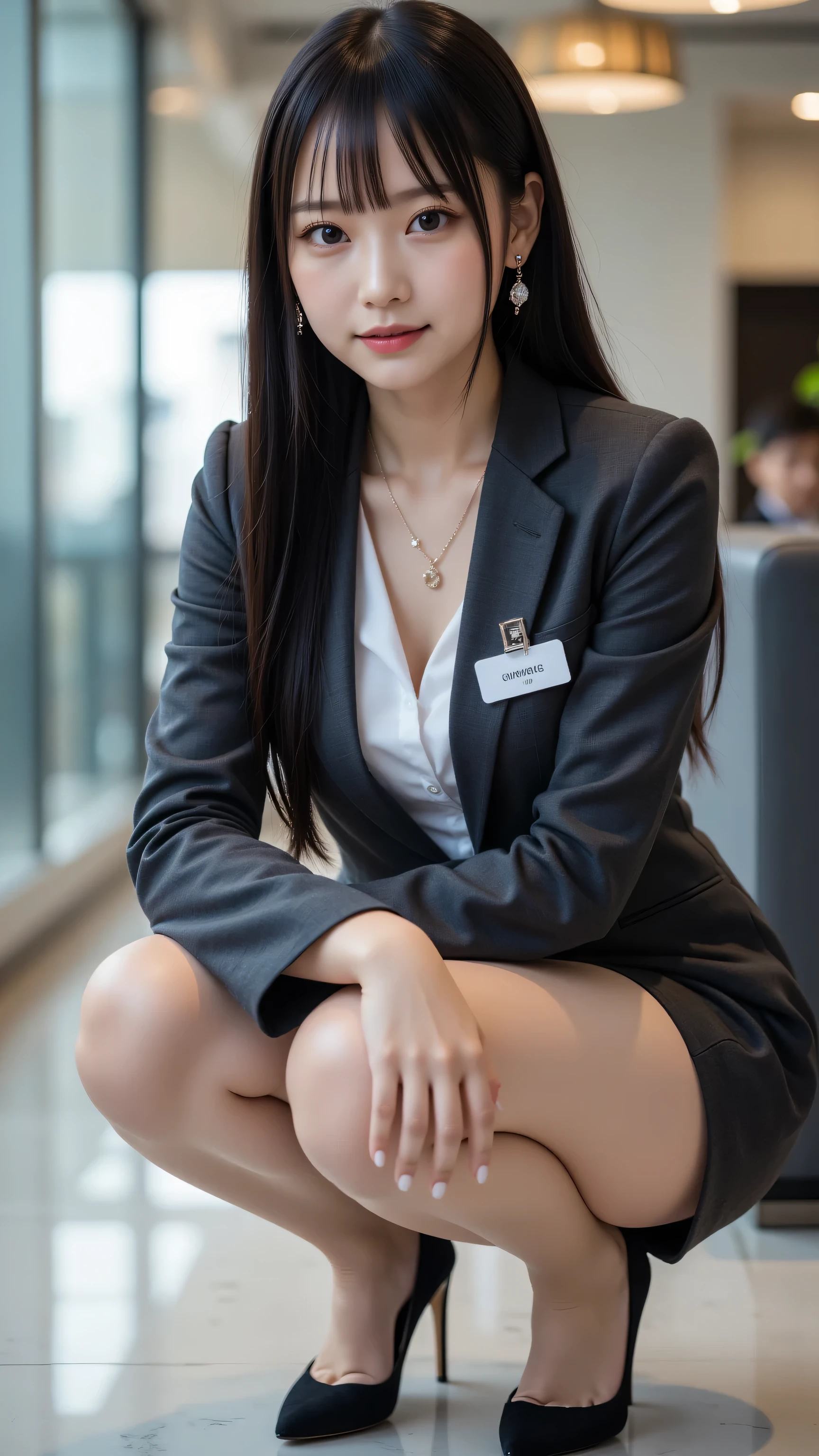 highest quality, sleek long black hair, professional office lady with long black hair, dynamic squat pose, detailed eyes and skin texture, studio lighting, 30 years old, black eyes, graceful, moderate chest, plump lips, earrings, necklace, charcoal tight suit, white blouse, miniskirt, high heels, name tag, long sleeves, modern office lobby, light motion blur, side profile view, composed, focused expression, cowboy shot angle, full body
