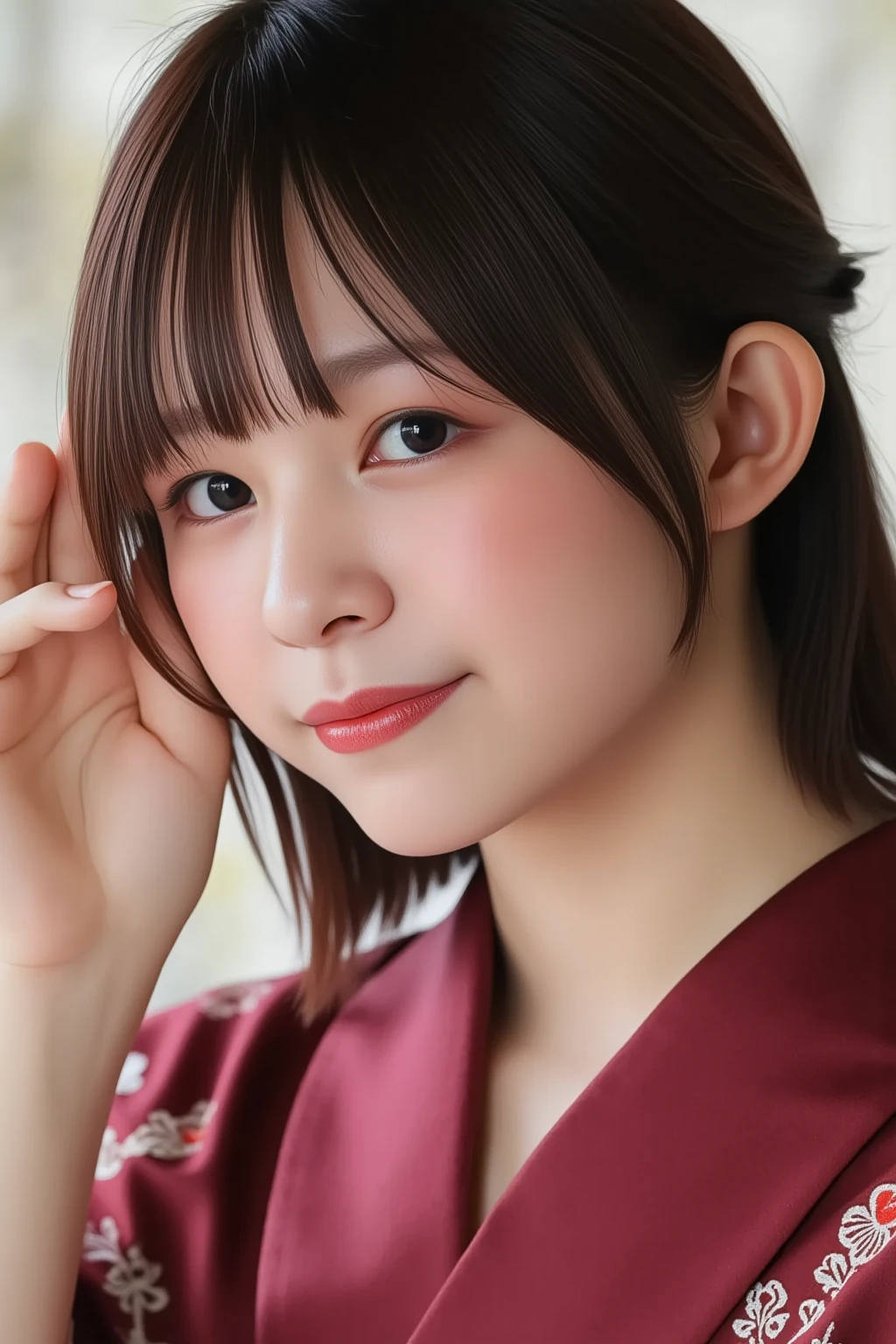 closeup shot , Best picture quality (8K, high resolution, Masterpiece: 1.2), super detailed,  215 Short Hair, 16-year-old woman, 

situation: Waiting for the fireworks to start on the riverbank at dusk、Enjoying a picnic with friends and family。
clothing: Brightly colored yukata、band、can。Hair is upstyled、Wear a hair accessory that matches your yukata。
angle: With a riverside landscape in the background、Photographing a yukata from a wide angle。Relaxing on a picnic sheet、Close-up of a friend laughing together。The evening sky slowly々It gets dark、Reflecting the sense of anticipation as the fireworks begin。

Close-up of face 

, random cute pose ,big eyes ,Puffy eyes ,  Heart Pupil, blush  , huge shy smile , salute
