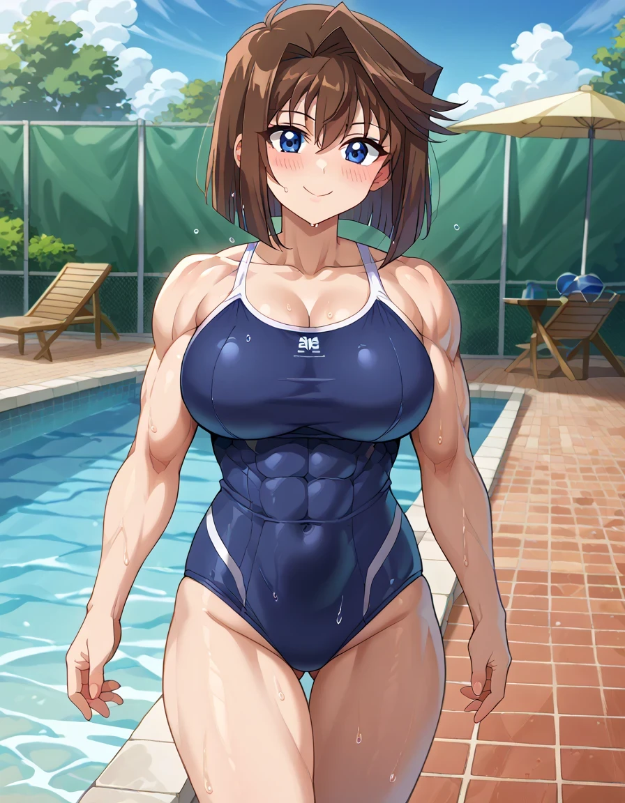 score 9 、score 8 up 、score 7 up 、source anime 、傑作 、best quality 、best resolution 、best image quality 、anime coloring 、anime screencap 、anime screenshot 、1girl 、 <lora:anzu-mazaki-ponyxl-lora-nochekaiser:1> 、anzu mazaki 、brown hair 、short hair 、blue eyes 、solo 、collarbone 、trapezius 、big breasts 、cleavage 、large breasts 、large boobs 、large tits 、deltoids 、anterior deltoids 、middle deltoids 、posterior deltoids 、biceps 、biceps long head 、biceps short head 、triceps 、triceps medial head 、triceps long head 、triceps lateral head 、brachioradialis 、thigh muscles 、semitendinosus muscles 、adductor magnus muscles 、hamstrings 、muscular girl 、tall girl 、toned body 、standing 、smile 、blush 、<lora:competition-school-swimsuit-ponyxl-lora-nochekaiser:1> 、competition school swimsuit 、school swimsuit 、trace swimsuit 、navy blue one-piece swimsuit 、one-piece swimsuit 、swimsuit 、wet swimsuit 、single vertical stripe 、high leg cut 、covered abs 、covered navel 、bare shoulders 、bare arms 、bare crotch 、bare thighs 、bare legs 、female focus 、looking at viewer 、cowboy shot 、dutch angle 、pool 、poolside 、outdoor 、