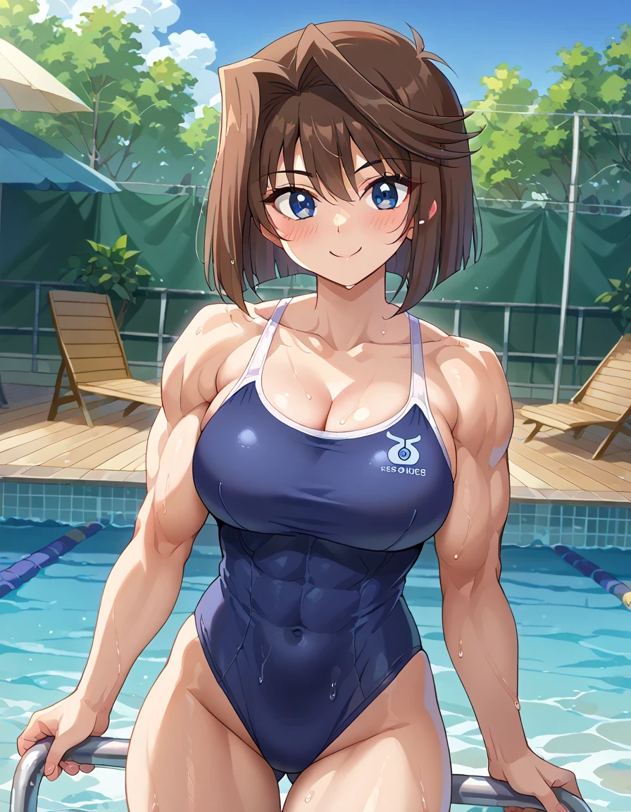 score 9  、score 8 up 、score 7 up 、source anime 、傑作 、best quality 、best resolution 、best image quality 、anime coloring 、anime screencap 、anime screenshot 、1girl 、 <lora:anzu-mazaki-ponyxl-lora-nochekaiser:1> 、anzu mazaki 、brown hair 、short hair 、blue eyes 、solo 、collarbone 、trapezius 、big breasts 、cleavage 、large breasts 、large boobs 、large tits 、deltoids 、anterior deltoids 、middle deltoids 、posterior deltoids 、biceps 、biceps long head 、biceps short head 、triceps 、triceps medial head 、triceps long head 、triceps lateral head 、brachioradialis 、thigh muscles 、semitendinosus muscles 、adductor magnus muscles 、hamstrings 、muscular girl 、tall girl 、toned body 、standing 、smile 、blush 、<lora:competition-school-swimsuit-ponyxl-lora-nochekaiser:1> 、competition school swimsuit 、school swimsuit 、trace swimsuit 、navy blue one-piece swimsuit 、one-piece swimsuit 、swimsuit 、wet swimsuit 、single vertical stripe 、high leg cut 、covered abs 、covered navel 、bare shoulders 、bare arms 、bare crotch 、bare thighs 、bare legs 、female focus 、looking at viewer 、cowboy shot 、dutch angle 、pool 、poolside 、outdoor 、