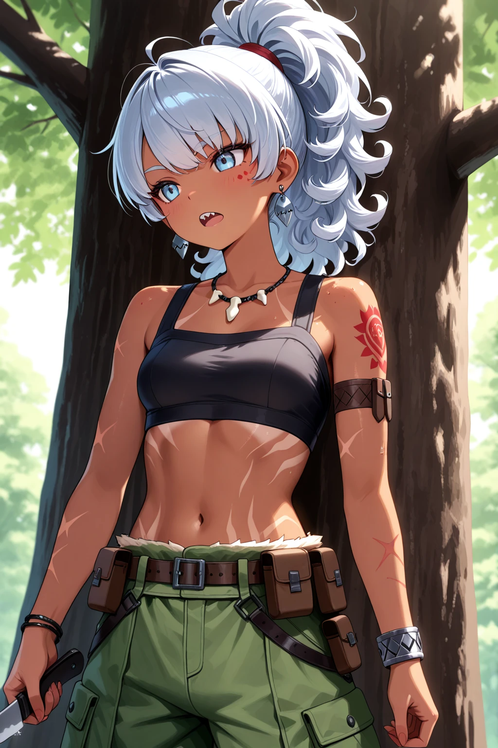 score_9, score_8_up, score_7_up, 1girl, solo, (:1.2), kid, flat , ghislainedef, (dark skin), long hair, tousled hair, gray hair, tail, animal ears, red bandeau, green pants, open pants, red choker, belt, sitting on ground, sad, pouting, crying, sobbing, ((oversized pants)), looking at you, forest,
