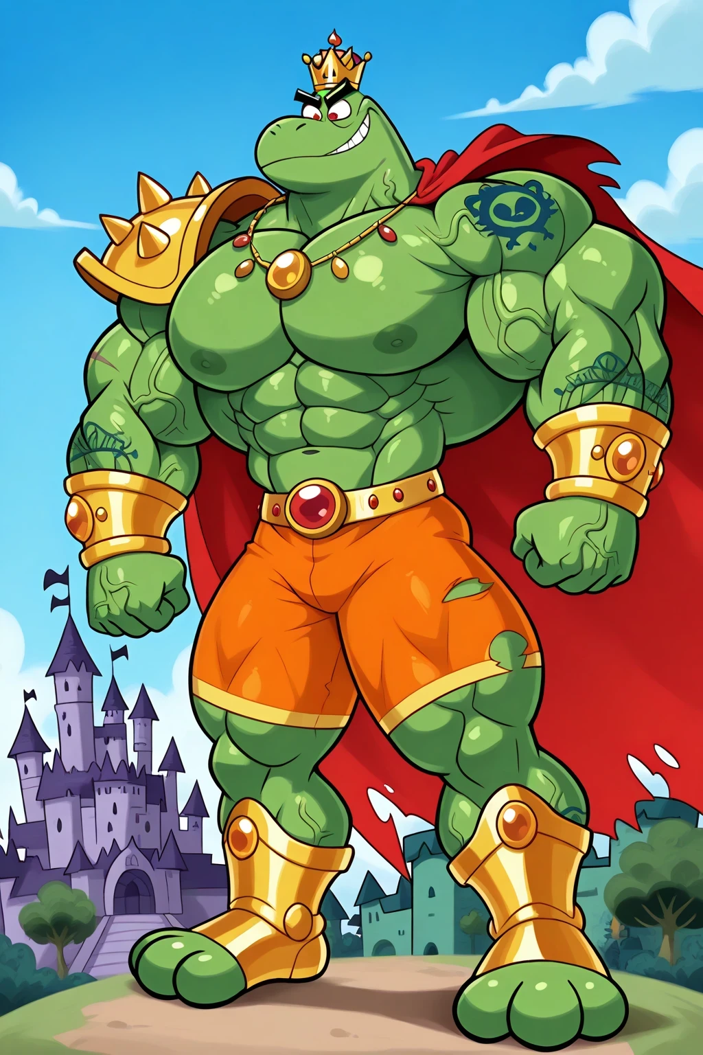 A green giant cartoon 2d frog king, gigantic chin, biggest muscular body, ginomous biceps enormous pectorals, detailed abs, golden armor with colorful jewels, golden bracelets with colorful jewels, golden necklaces with colorful jewels, golden chest with colorful jewels, golden wrestler champions belt with colorful jewels, Red headband. Golden wrist tape with colorful jewels. Golden elbow pads with colorful jewels, Golden kneepads with colorful jewels, ripped orange shorts, tattoos and scars, veins, bigger cartoon yellow frog eyes, red eyes, green skin, golden king crown with colorful jewels, saturaded green skin, big frog feets, golden boots with colorful jewels, wearing a ripped very long red cape, powerful smile expression, feral, smug, dark green eyebrows, sharp teeths, castle and village background, trees, blue sky and clouds background, full body, macro size, giant size, 50-foot size, 100-feet tall, big powerful muscles, veins, rose and fire tattoos, saturaded colors palette, fairytale fantasy scene, dynamic angle.