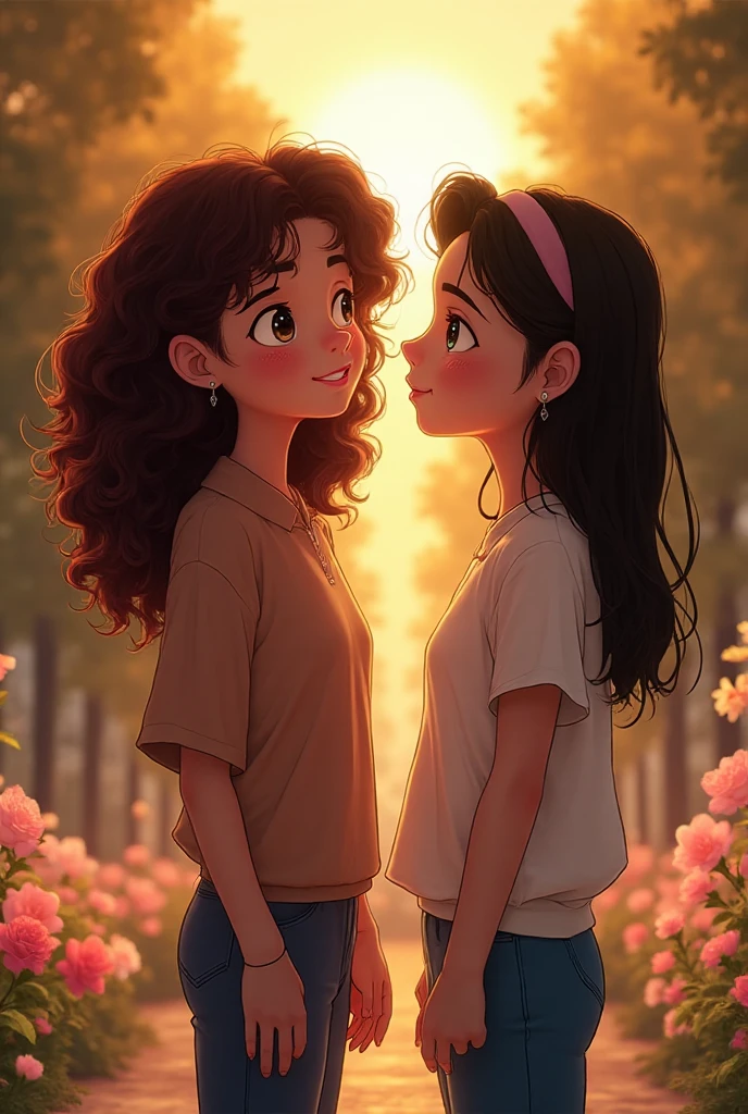 Name "The Loyal Pin (Sarocha Chankimha & Rebecca Armstrong)" in an elegant and dynamic font written in 3D. A captivating and tender anime-style illustration of two women, in love, standing on a beautiful bridge, facing each other. The first woman is a beautiful young woman with British features (Anin), semi-long light brown hair held on one side by a delicate barrette, and she is wearing a 1950s-style sleeveless dress in lilac with small white polka dots and low heels. She is about to mischievously kiss the second woman, a beautiful young woman with Asian features (Pin), dark brown hair, and is dressed in a pastel pink 50s-style sleeveless dress and low-heeled shoes. She seems to stay still, surprised and shy by the kiss they are about to give her.