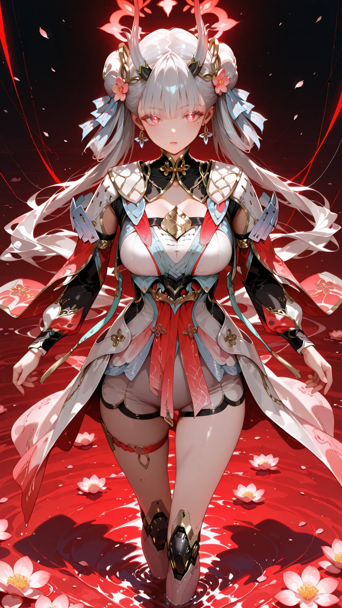 masterpiece,best quality,ultra high res,photorealistic,8K UHD,hyper-detailed, newest, cute, woman, solo, 1girl, jinhsi:TaoYaoZhuoZhuo\(wuthering waves\), red eyes, amorous eyes, mole, mole under eye, flower, peach blossom, hair bun, double bun, headgear, halo, horn, ribbon, jewelry, grey hair, long hair, earrings, wearing a ((gorgeous armor, glowing, red and white clothes, Futuristic Suit)), mechanical legs, large breasts, standing on water, looking at viewer