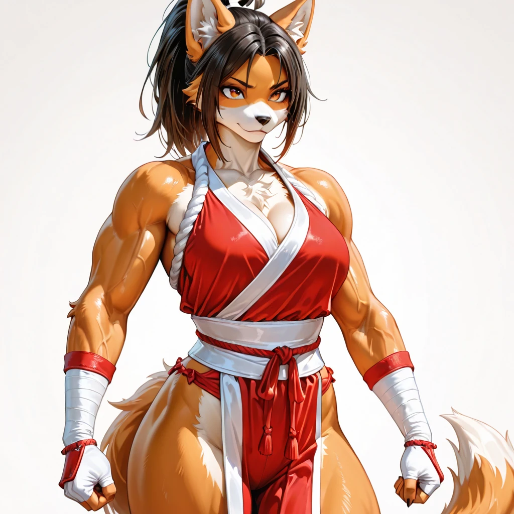 score_9, score_8_up, score_7_up, score_6_up, score_5_up, score_4_up, furry, a female werewolf dressed as Chun-Li, hand on one hip, covered nipple, breasts, looking at viewer, standing, cowboy shot, twin buns, hair ribbons, torn clothing, pointy ears, wolf nose, furry arms, claws, fangs, muscular, white background, simple background, hatching (texture), marker (medium), retro artstyle, <lora:j_lee_xmen-06:1>