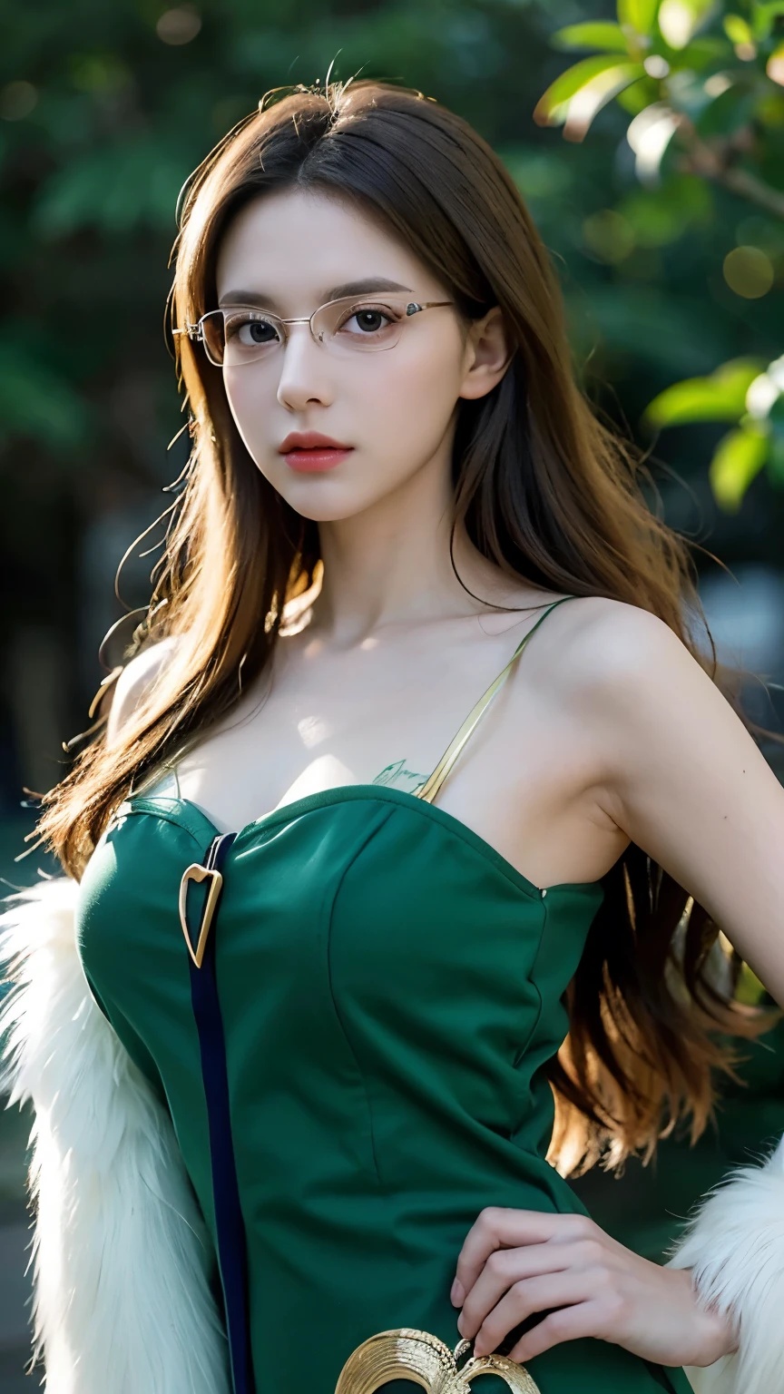 Evergreen from Fairy Tail, half-body portrait, ultra-realistic and super detailed, elegant and confident expression, long wavy brown hair, emerald green eyes behind stylish oval glasses, wearing her iconic green dress with gold accents and white fur trim, delicate wings on her back shimmering softly, realistic skin texture, detailed fabric folds, perfect lighting and shadows, soft glowing background, fantasy atmosphere, cinematic composition, 8K, high definition, photorealistic masterpiece