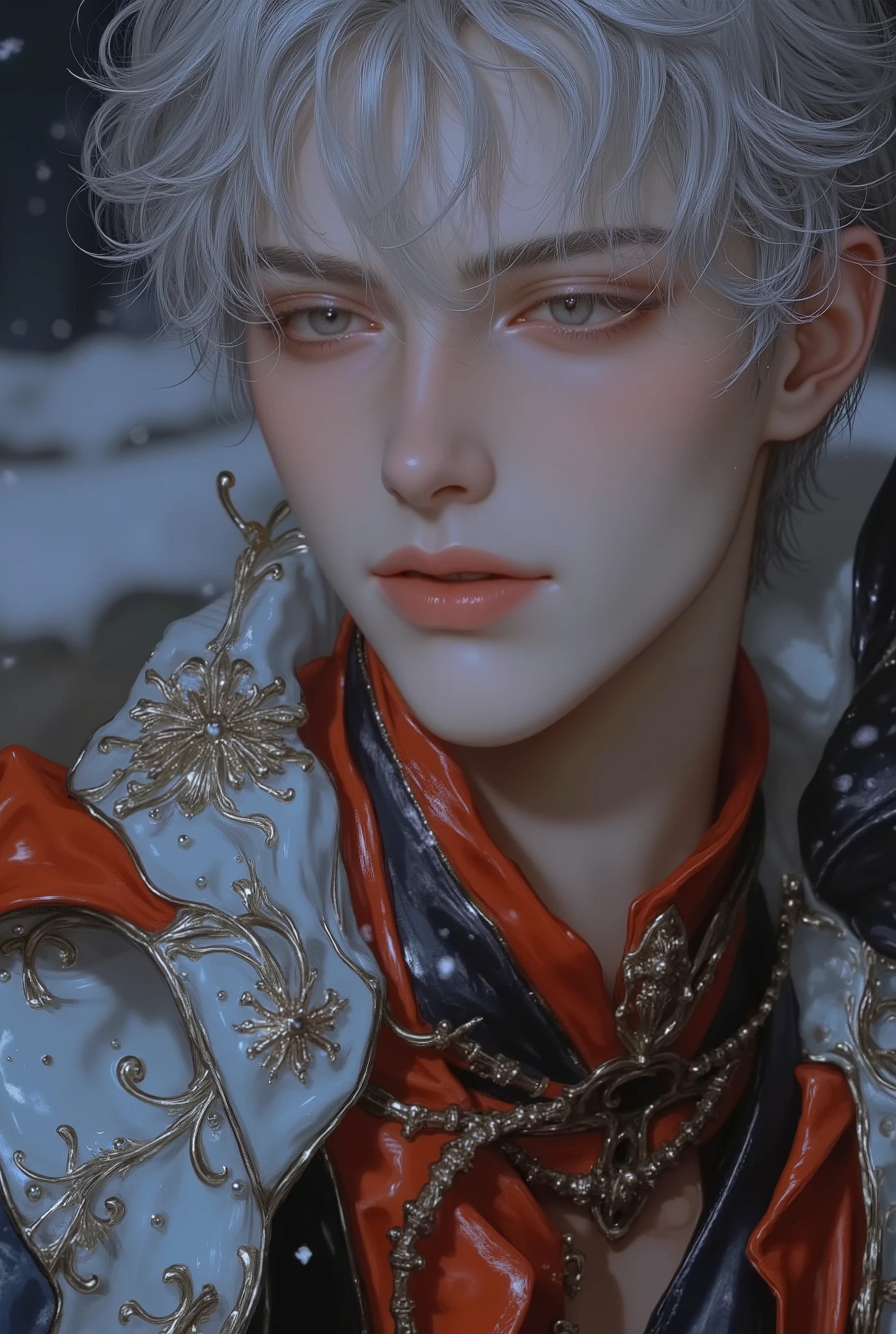 Boy, gray hair, sky colored eyes, white skin, sharp features, handsome, perfect, charming beauty, elegance, wearing elegant winter clothes, bright colors, high quality resolution .