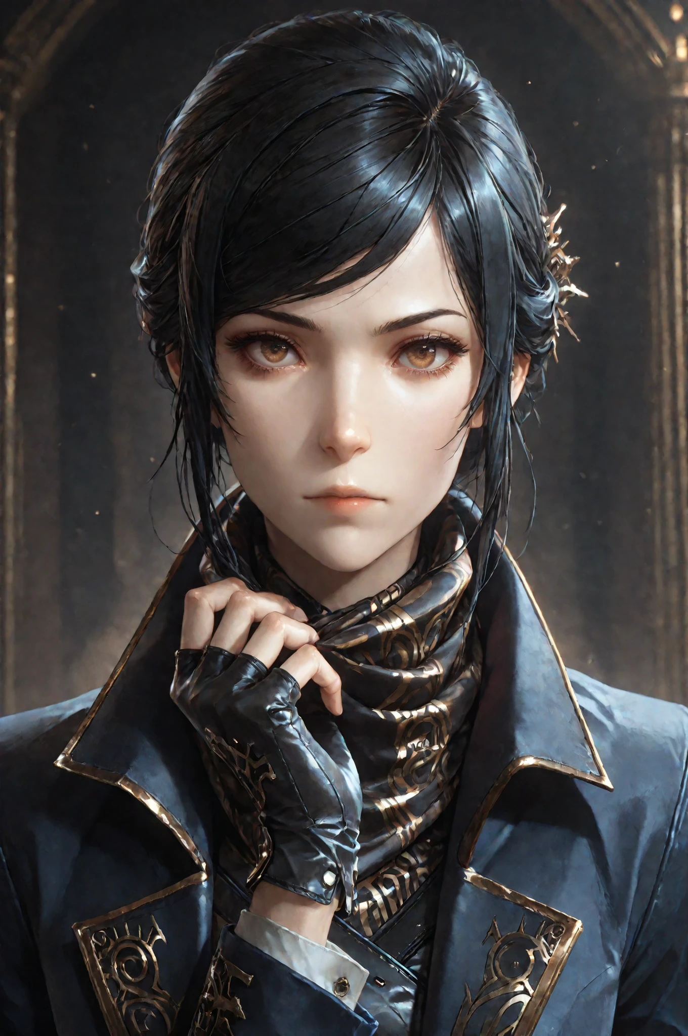 D2_Emily, 1girl, solo, brown eyes, eyesHD, high gradient eyes, detailed eyes, high definition eyes, E_short black hair, E_dark blue long coat, E_gold embroidery, E_asymmetrical coat tail, E_face scarf, purple inner lining, E_leather vest, black gloves,fingerless gloves white cuffs, E_pants, Her gaze is focused and determined, which highlights her strong personality. Anatomically accurate ratio, detailed skin image, the girl is incredibly beautiful, the girl has an incredibly beautiful face, detailed portrait, the girl looks directly at the viewer, detailed skin image, upper body view, detailed portrait, fingerless gloves, steampunk aesthetic, aristocratic warrior, tactical attire. The girl is standing in the throne room of Dunwall from videogame Dishonored, best quality, vibrant, very aesthetic, high contrast, semrealistic, newest, (masterpiece, detailed:1.2), proper lighting, proper shadows, extremely detailed CG unity 8k wallpaper, perfect lighting, colorful, ultra-high resolution, detailed background.