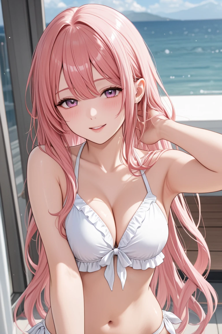 (masterpiece:1.2, best quality), (1lady, solo, upper body:1.2), Clothing: white , strappy sandals, Accessories: shell necklace, Hair: loose beach waves, short pink hair, Makeup: natural, glowing skin, Behavior: relaxed, carefree, free-spirited, Location: beach, resort, outdoor festival, average , dripping wet, (beautiful detailed face, beautiful detailed eyes), (sunbeam, sunlight, rose, wind), (:1.5), (after :1.4), (after :1.4), (:1.5), ( covered:1.5), ( on face:1.5), (facial:1.5), ( on :1.5),  dripping, string of , thick white ,