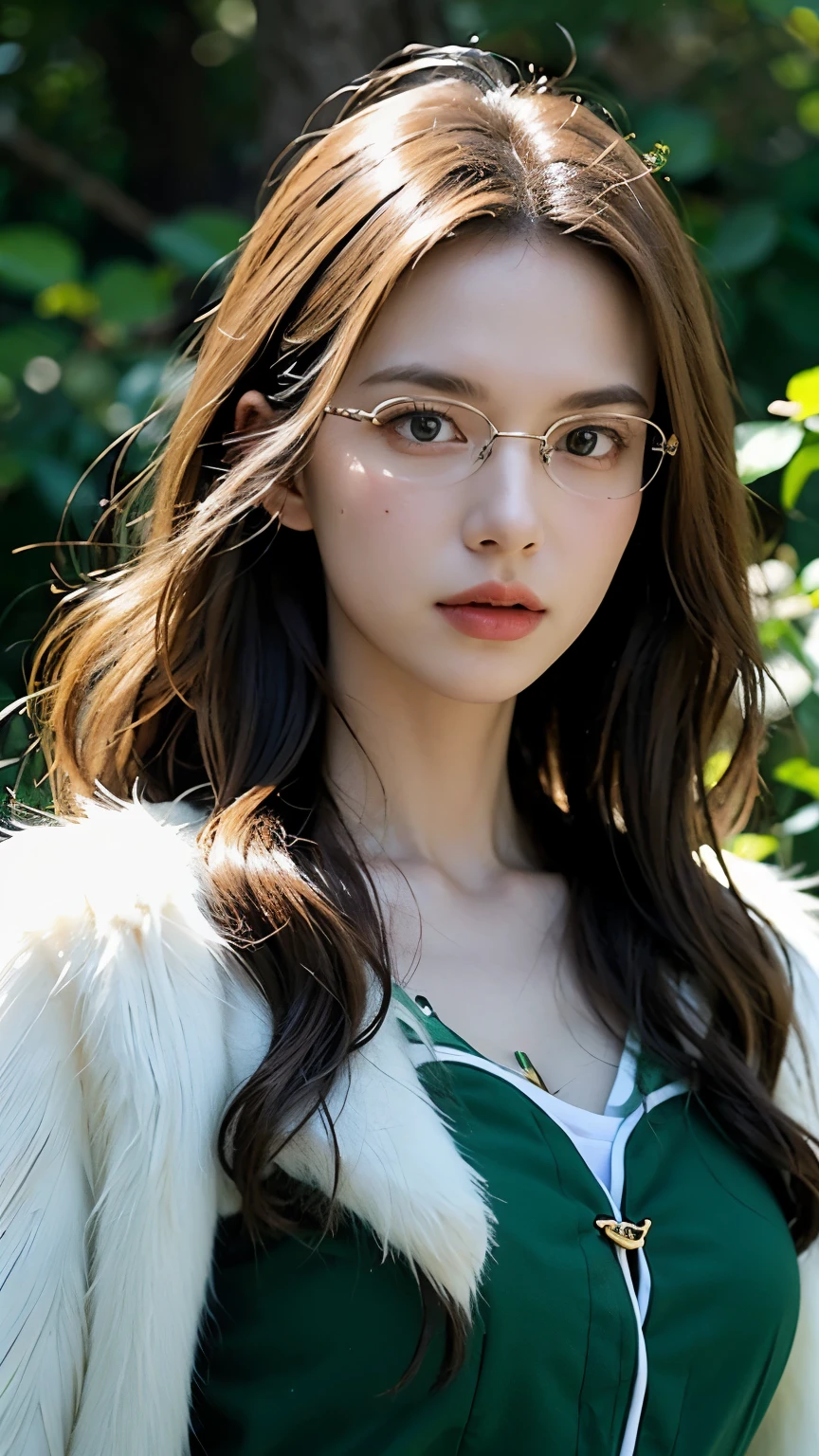 Evergreen from Fairy Tail, half-body portrait, ultra-realistic and super detailed, elegant and confident expression, long wavy brown hair, emerald green eyes behind stylish oval glasses, wearing her iconic green dress with gold accents and white fur trim, delicate wings on her back shimmering softly, realistic skin texture, detailed fabric folds, perfect lighting and shadows, soft glowing background, fantasy atmosphere, cinematic composition, 8K, high definition, photorealistic masterpiece