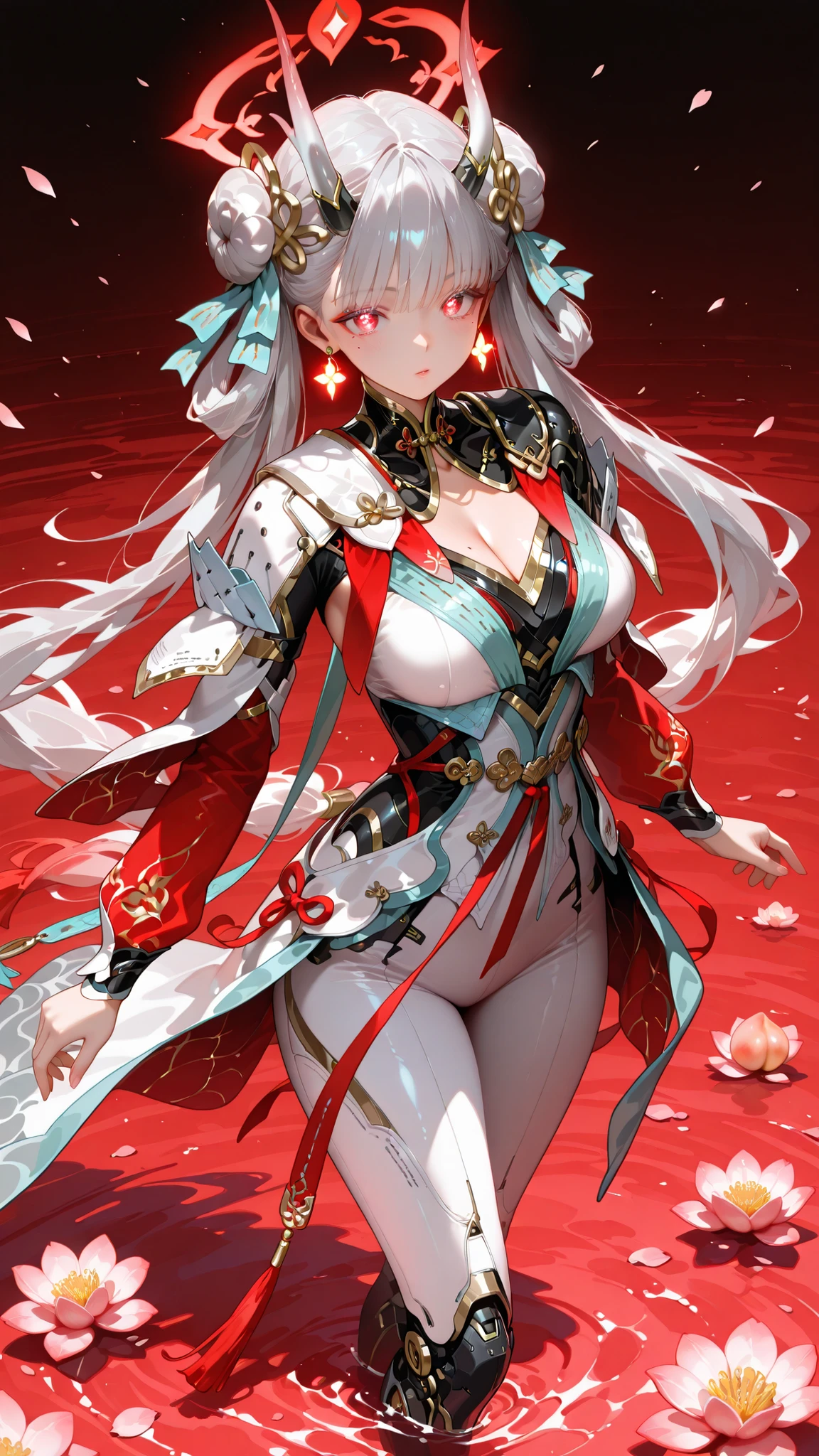 masterpiece,best quality,ultra high res,photorealistic,8K UHD,hyper-detailed, newest, cute, woman, solo, 1girl, jinhsi:TaoYaoZhuoZhuo\(wuthering waves\), red eyes, amorous eyes, mole, mole under eye, flower, peach blossom, hair bun, double bun, headgear, halo, horn, ribbon, jewelry, grey hair, long hair, earrings, wearing a ((gorgeous armor, glowing, red and white clothes, Futuristic Suit)), mechanical legs, large breasts, standing on water, looking at viewer