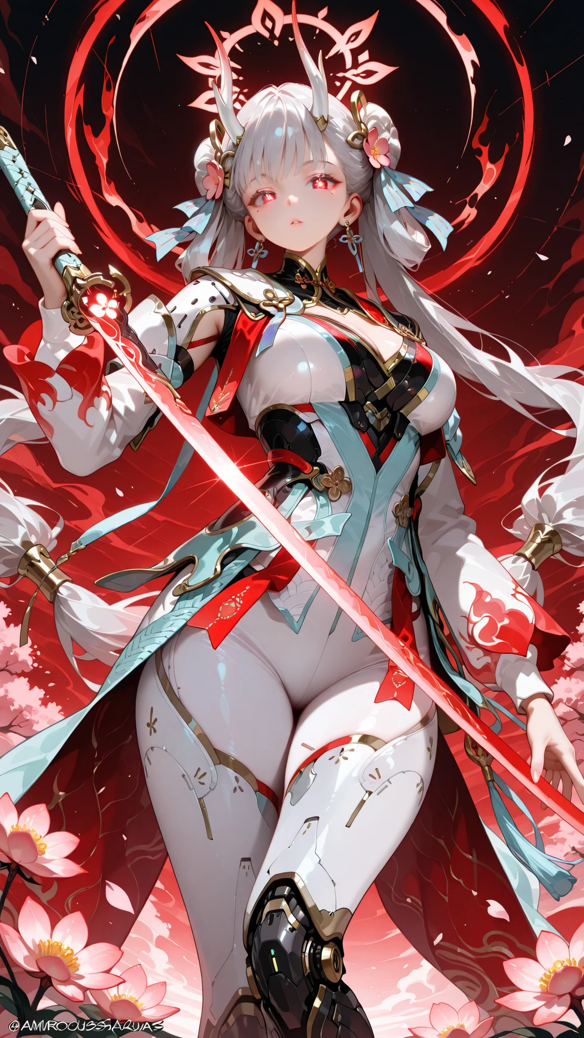 masterpiece,best quality,ultra high res,photorealistic,8K UHD,hyper-detailed, newest, cute, woman, solo, 1girl, jinhsi:TaoYaoZhuoZhuo\(wuthering waves\), red eyes, amorous eyes, mole, mole under eye, flower, peach blossom, hair bun, double bun, headgear, halo, horn, ribbon, jewelry, grey hair, long hair, earrings, wearing a ((gorgeous armor, glowing, red and white clothes, Futuristic Suit)), mechanical legs, large breasts, holding sword, looking at viewer