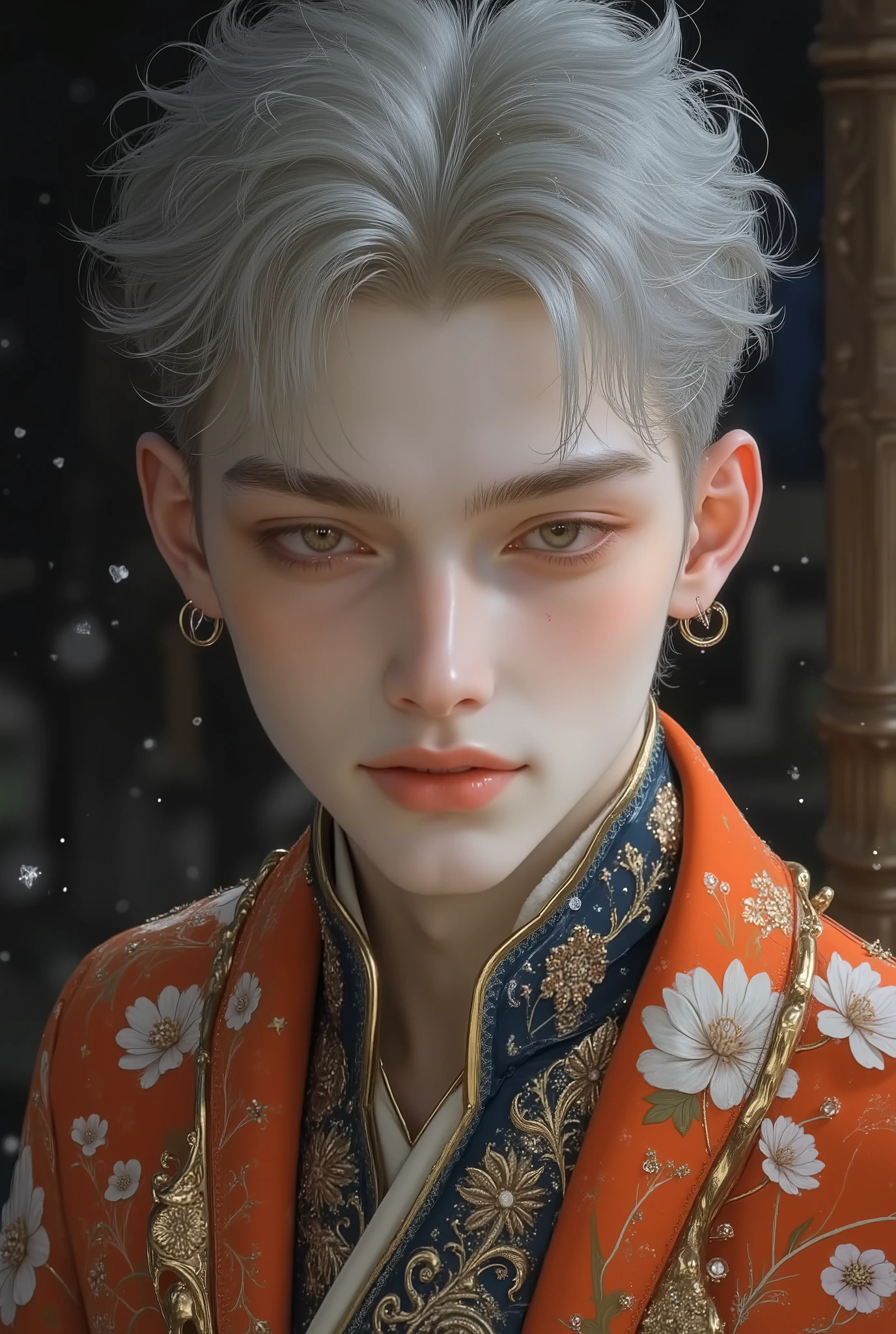 Boy, gray hair, sky colored eyes, white skin, sharp features, handsome, perfect, charming beauty, elegance, wearing elegant winter clothes, bright colors, high quality resolution .
