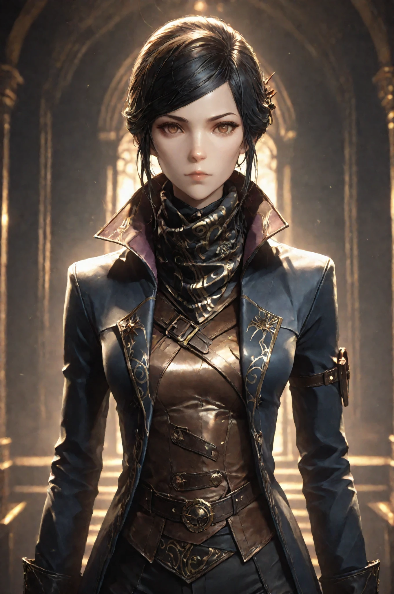 D2_Emily, 1girl, solo, brown eyes, eyesHD, high gradient eyes, detailed eyes, high definition eyes, E_short black hair, E_dark blue long coat, E_gold embroidery, E_asymmetrical coat, E_face scarf, purple inner lining, E_leather vest, black gloves,fingerless gloves white cuffs, E_pants, E_knee-high black boots with gold zipper details, Her gaze is focused and determined, which highlights her strong personality. Anatomically accurate ratio, detailed skin image, the girl is incredibly beautiful, the girl has an incredibly beautiful face, detailed portrait, the girl looks directly at the viewer, detailed skin image, upper body view, dutch angle fingerless gloves, steampunk aesthetic, aristocratic warrior, tactical attire. The girl is standing in the throne room of Dunwall from videogame Dishonored, best quality, vibrant, very aesthetic, high contrast, semrealistic, newest, (masterpiece, detailed:1.2), proper lighting, proper shadows, extremely detailed CG unity 8k wallpaper, perfect lighting, colorful, ultra-high resolution, detailed background.