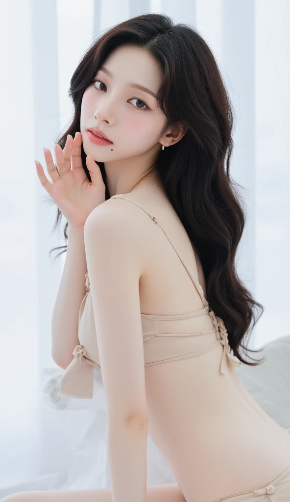 araffe asian woman in a white lingerie posing for a picture, gorgeous chinese model, , beautiful asian girl, smooth translucent white skin, japanese goddess, elegant seducing pose, beautiful asian woman, young sensual graceful,perfect glossy lips,lovely lips , dress,  body, beautiful girl model, tall thin beautiful goddess, chinese girl, beautiful model girl,pubic hair,pony-tails hair, gorgeous young korean woman, :1.3