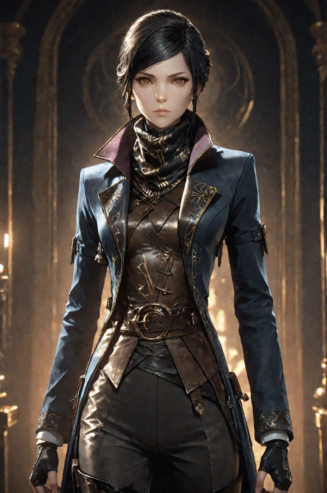 D2_Emily, 1girl, solo, brown eyes, eyesHD, high gradient eyes, detailed eyes, high definition eyes, E_short black hair, E_dark blue long coat, E_gold embroidery, E_asymmetrical coat, E_face scarf, purple inner lining, E_leather vest, black gloves,fingerless gloves white cuffs, E_pants, E_knee-high black boots with gold zipper details, Her gaze is focused and determined, which highlights her strong personality. Anatomically accurate ratio, detailed skin image, the girl is incredibly beautiful, the girl has an incredibly beautiful face, detailed portrait, the girl looks directly at the viewer, detailed skin image, upper body view, dutch angle fingerless gloves, steampunk aesthetic, aristocratic warrior, tactical attire. The girl is standing in the throne room of Dunwall from videogame Dishonored, best quality, vibrant, very aesthetic, high contrast, semrealistic, newest, (masterpiece, detailed:1.2), proper lighting, proper shadows, extremely detailed CG unity 8k wallpaper, perfect lighting, colorful, ultra-high resolution, detailed background.
