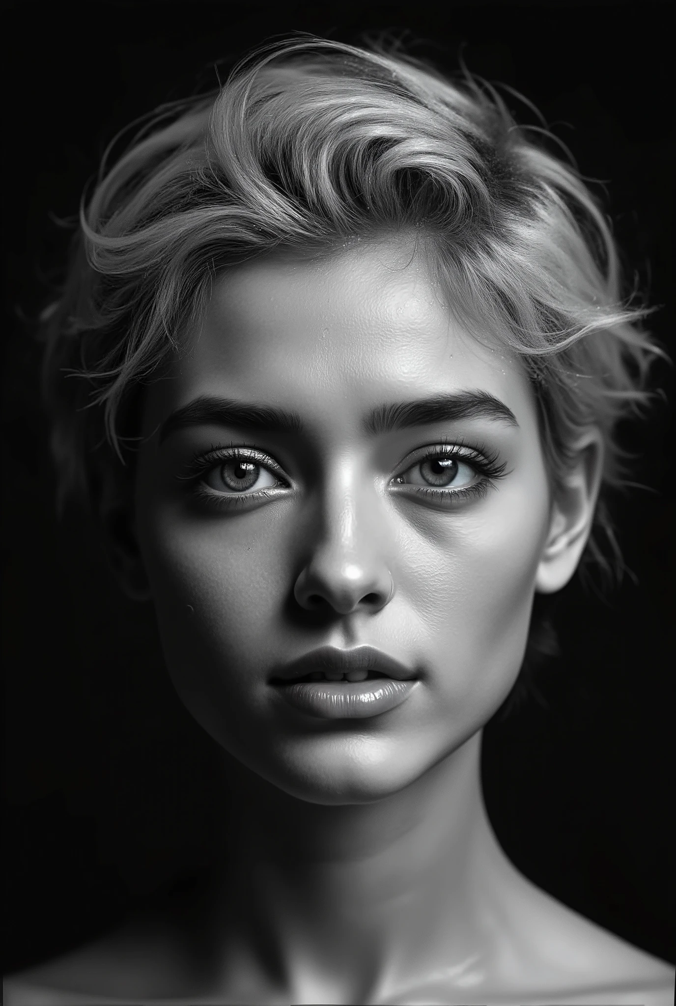 This monochrome digital illustration is an extreme close-up of the face of a female fashion model with short bleach blonde hair. Professional, bold makeup. Crisp studio lighting accentuates the woman's beauty. The art style is clean and detailed, and soft shadows add depth to her face. Beautiful contrast between light and dark. The background is a dark space. Black and white illustration