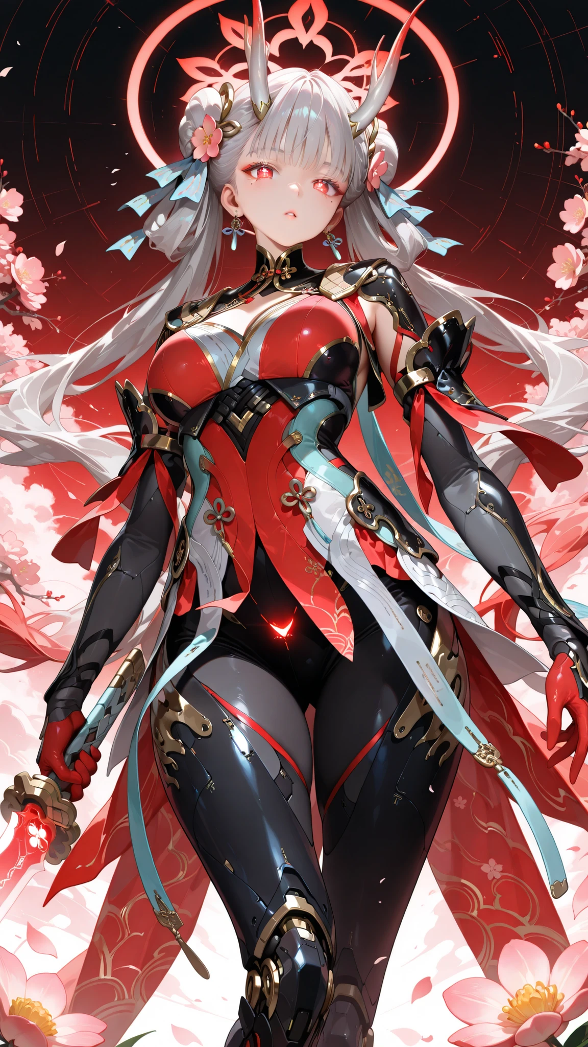(masterpiece, detailed:1.2), ultra high res,photorealistic,8K UHD,hyper-detailed, newest, cute, woman, solo, 1girl, jinhsi:TaoYaoZhuoZhuo\(wuthering waves\), red eyes, amorous eyes, mole, mole under eye, flower, peach blossom, hair bun, double bun, headgear, halo, horn, ribbon, jewelry, grey hair, long hair, earrings, wearing a ((gorgeous armor, glowing, red and white clothes, Futuristic Suit)), mechanical legs, , holding sword, looking at viewer