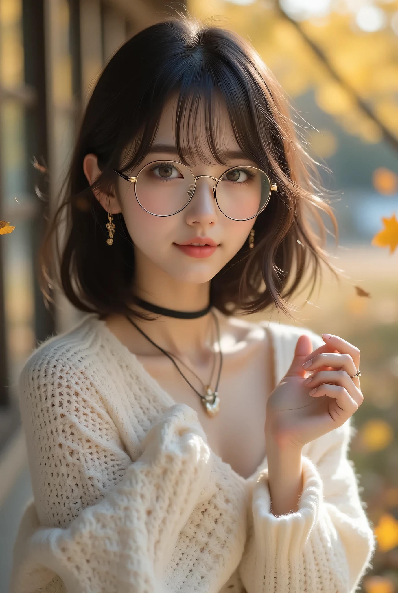 long hairが風に軽くなびき、in a photorealistic style、Beautiful Woman、One person、One person、long hair、viewers、Smile、blue eyes、hair ornaments、(Wears Black Deep Glasses)、soft lights、Rimlight、bright detail、short bob hair、dark haired、Girl in a Sexy Pose、、(perfect body)、beautiful legs、break) (A fusion of a sleeveless white and black monotone off-shoulder sweater and a white micro dress wearing gold-rimmed glasses:1.4)、(body line:1.2)、 ((Bare Shoulders、Thin wrists、bare thighs):1。3)、(Black Choker Necklace)、(wool:1。2)、break(Heeled Sandals:1。2)、(earrings from behind:1。3)、 (Bangles:1.2)teeth、Cry a little、小さなSmile、20 year old girl、cute type 、、maha's rya(Very beautiful young teenage girl, beauty of an IDOL), Tampilan Full Body, wearing a sexy autumn costume, auto customized hairstyle model, straight medium dark hair, suasana musim gugur, garden with autumn leafy trees whose leaves are falling, the effect of autumn leaves falling around, poses staring in the direction of falling leaves into her raised hands, (Mata Biru jernih, mata bulat besar, very beautiful eyes), hidung mancung, bibir merah lembut, perfect small tits, (cleavage on the lower chin), Tubuh langsing, very white and clean skin, Perfectly proportioned body and head, pakai anting kecil, 8K ultra HD resolution, photorealistic quality, Ketajaman Maksimal, karya agung, 8k, Kualitas Tertinggi, super detail, resolusi tinggi, sangat detail, Foto yang jelas, detail realistis, highly detailed background, Very clear background.