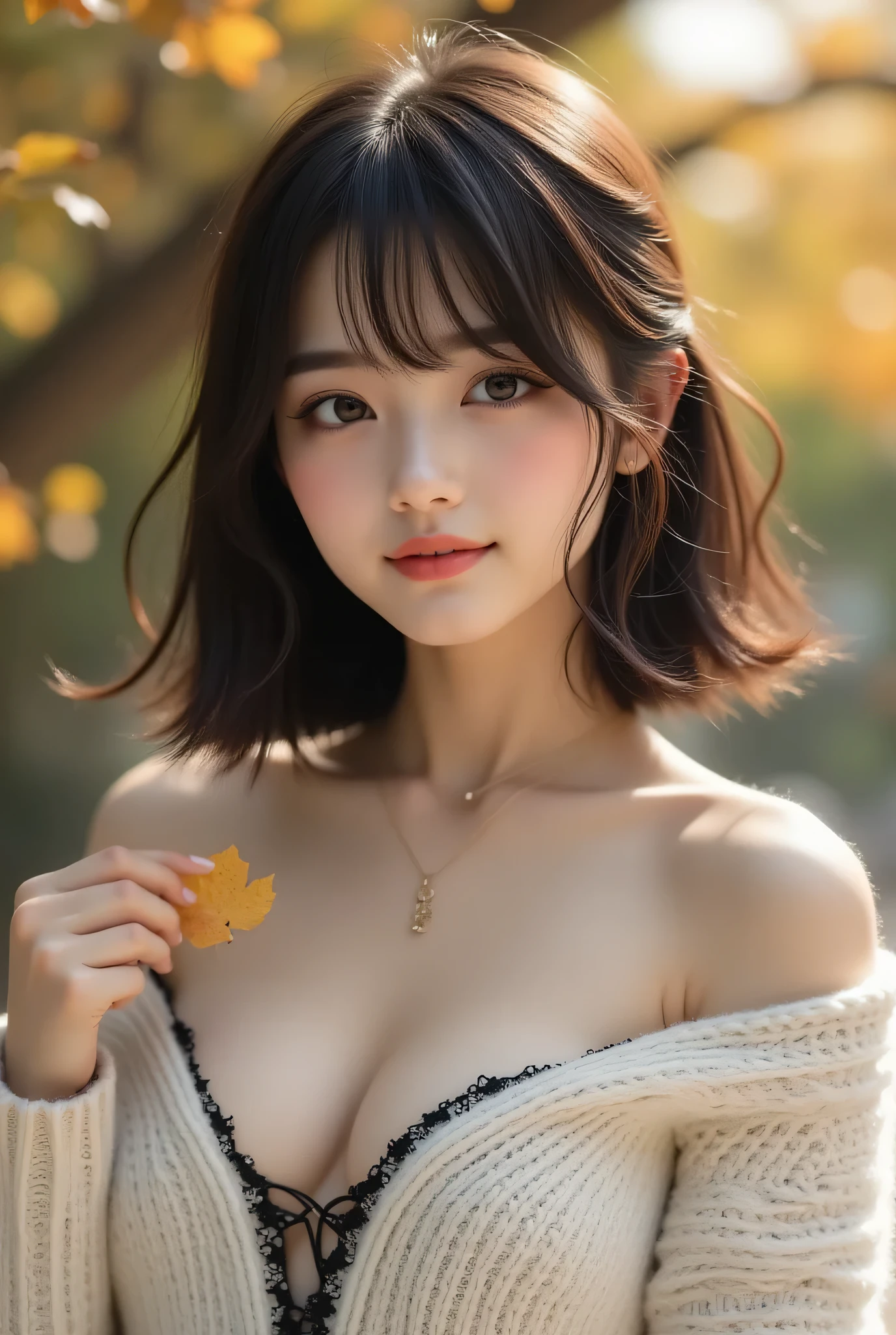 long hairが風に軽くなびき、in a photorealistic style、Beautiful Woman、One person、One person、long hair、viewers、Smile、blue eyes、hair ornaments、(Wears Black Deep Glasses)、soft lights、Rimlight、bright detail、short bob hair、dark haired、Girl in a Sexy Pose、、(perfect body)、beautiful legs、break) (A fusion of a sleeveless white and black monotone off-shoulder sweater and a white micro dress wearing gold-rimmed glasses:1.4)、(body line:1.2)、 ((Bare Shoulders、Thin wrists、bare thighs):1。3)、(Black Choker Necklace)、(wool:1。2)、break(Heeled Sandals:1。2)、(earrings from behind:1。3)、 (Bangles:1.2)teeth、Cry a little、小さなSmile、20 year old girl、cute type 、、maha's rya(Very beautiful young teenage girl, beauty of an IDOL), Tampilan Full Body, wearing a sexy autumn costume, auto customized hairstyle model, straight medium dark hair, suasana musim gugur, garden with autumn leafy trees whose leaves are falling, the effect of autumn leaves falling around, poses staring in the direction of falling leaves into her raised hands, (Mata Biru jernih, mata bulat besar, very beautiful eyes), hidung mancung, bibir merah lembut, perfect small tits, (cleavage on the lower chin), Tubuh langsing, very white and clean skin, Perfectly proportioned body and head, pakai anting kecil, 8K ultra HD resolution, photorealistic quality, Ketajaman Maksimal, karya agung, 8k, Kualitas Tertinggi, super detail, resolusi tinggi, sangat detail, Foto yang jelas, detail realistis, highly detailed background, Very clear background.