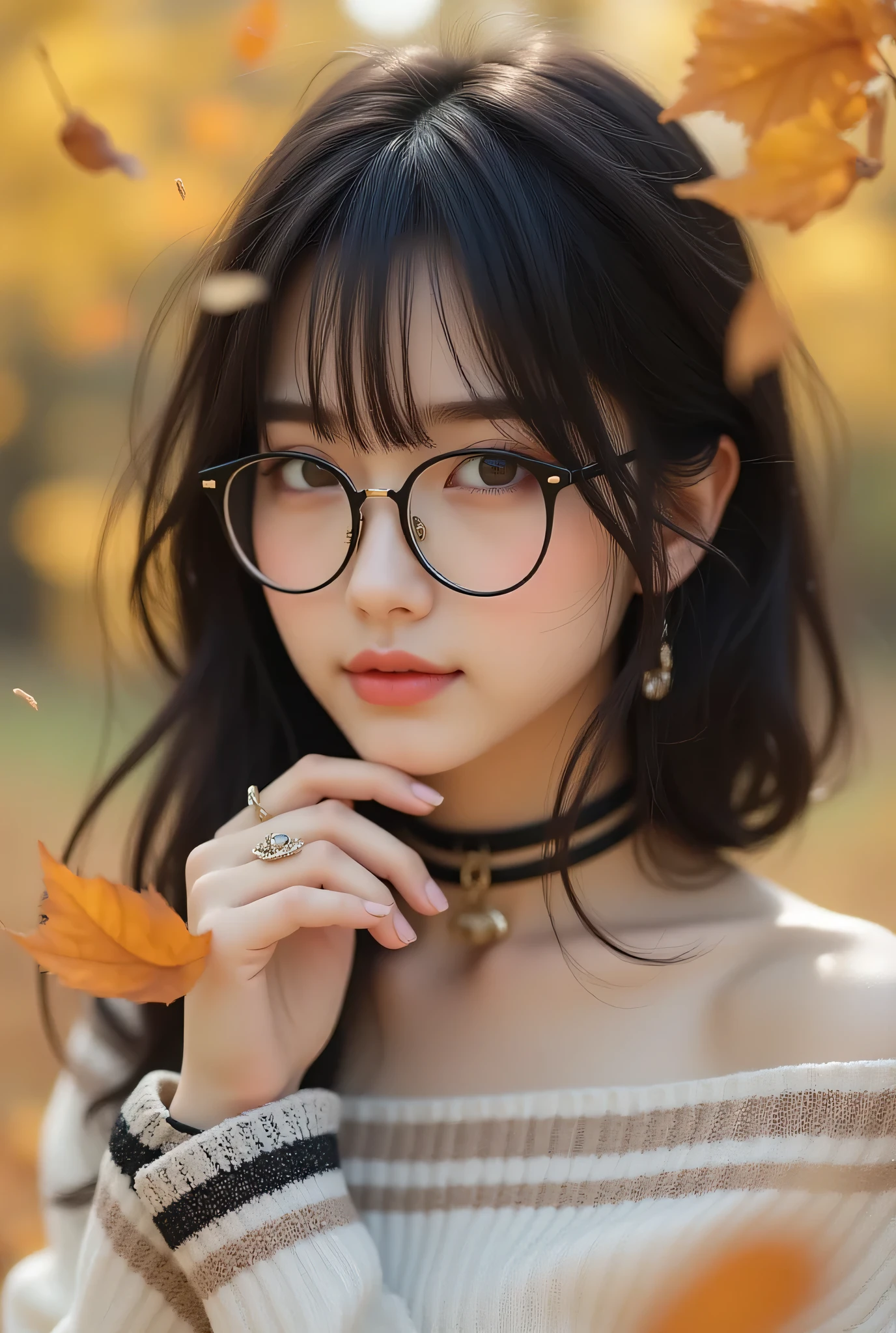 long hairが風に軽くなびき、in a photorealistic style、Beautiful Woman、One person、One person、long hair、viewers、Smile、blue eyes、hair ornaments、(Wears Black Deep Glasses)、soft lights、Rimlight、bright detail、short bob hair、dark haired、Girl in a Sexy Pose、、(perfect body)、beautiful legs、break) (A fusion of a sleeveless white and black monotone off-shoulder sweater and a white micro dress wearing gold-rimmed glasses:1.4)、(body line:1.2)、 ((Bare Shoulders、Thin wrists、bare thighs):1。3)、(Black Choker Necklace)、(wool:1。2)、break(Heeled Sandals:1。2)、(earrings from behind:1。3)、 (Bangles:1.2)teeth、Cry a little、小さなSmile、20 year old girl、cute type 、、maha's rya(Very beautiful young teenage girl, beauty of an IDOL), Tampilan Full Body, wearing a sexy autumn costume, auto customized hairstyle model, straight medium dark hair, suasana musim gugur, garden with autumn leafy trees whose leaves are falling, the effect of autumn leaves falling around, poses staring in the direction of falling leaves into her raised hands, (Mata Biru jernih, mata bulat besar, very beautiful eyes), hidung mancung, bibir merah lembut, perfect small tits, (cleavage on the lower chin), Tubuh langsing, very white and clean skin, Perfectly proportioned body and head, pakai anting kecil, 8K ultra HD resolution, photorealistic quality, Ketajaman Maksimal, karya agung, 8k, Kualitas Tertinggi, super detail, resolusi tinggi, sangat detail, Foto yang jelas, detail realistis, highly detailed background, Very clear background.