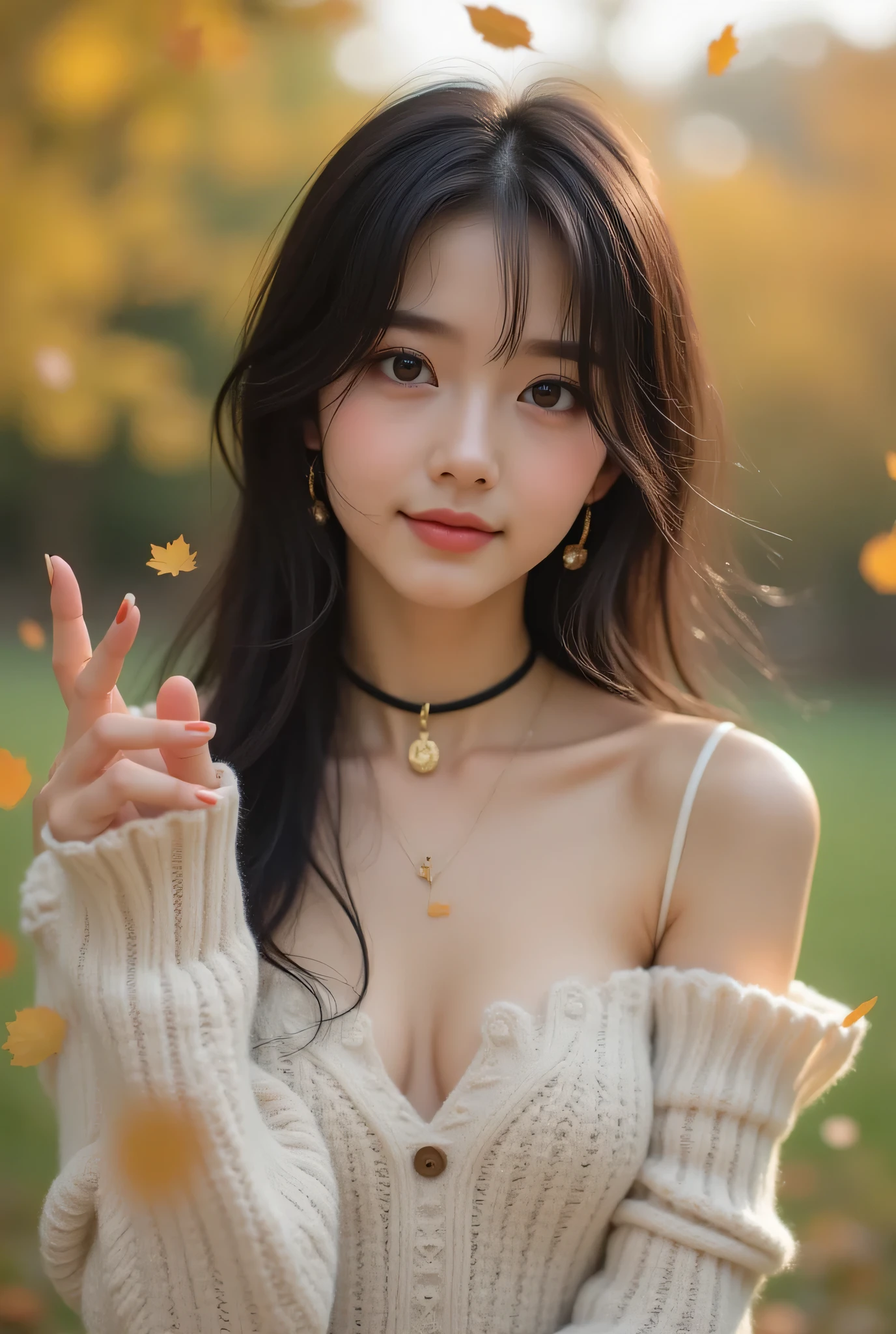 long hairが風に軽くなびき、in a photorealistic style、Beautiful Woman、One person、One person、long hair、viewers、Smile、blue eyes、hair ornaments、(Wears Black Deep Glasses)、soft lights、Rimlight、bright detail、short bob hair、dark haired、Girl in a Sexy Pose、、(perfect body)、beautiful legs、break) (A fusion of a sleeveless white and black monotone off-shoulder sweater and a white micro dress wearing gold-rimmed glasses:1.4)、(body line:1.2)、 ((Bare Shoulders、Thin wrists、bare thighs):1。3)、(Black Choker Necklace)、(wool:1。2)、break(Heeled Sandals:1。2)、(earrings from behind:1。3)、 (Bangles:1.2)teeth、Cry a little、小さなSmile、20 year old girl、cute type 、、maha's rya(Very beautiful young teenage girl, beauty of an IDOL), Tampilan Full Body, wearing a sexy autumn costume, auto customized hairstyle model, straight medium dark hair, suasana musim gugur, garden with autumn leafy trees whose leaves are falling, the effect of autumn leaves falling around, poses staring in the direction of falling leaves into her raised hands, (Mata Biru jernih, mata bulat besar, very beautiful eyes), hidung mancung, bibir merah lembut, perfect small tits, (cleavage on the lower chin), Tubuh langsing, very white and clean skin, Perfectly proportioned body and head, pakai anting kecil, 8K ultra HD resolution, photorealistic quality, Ketajaman Maksimal, karya agung, 8k, Kualitas Tertinggi, super detail, resolusi tinggi, sangat detail, Foto yang jelas, detail realistis, highly detailed background, Very clear background.
