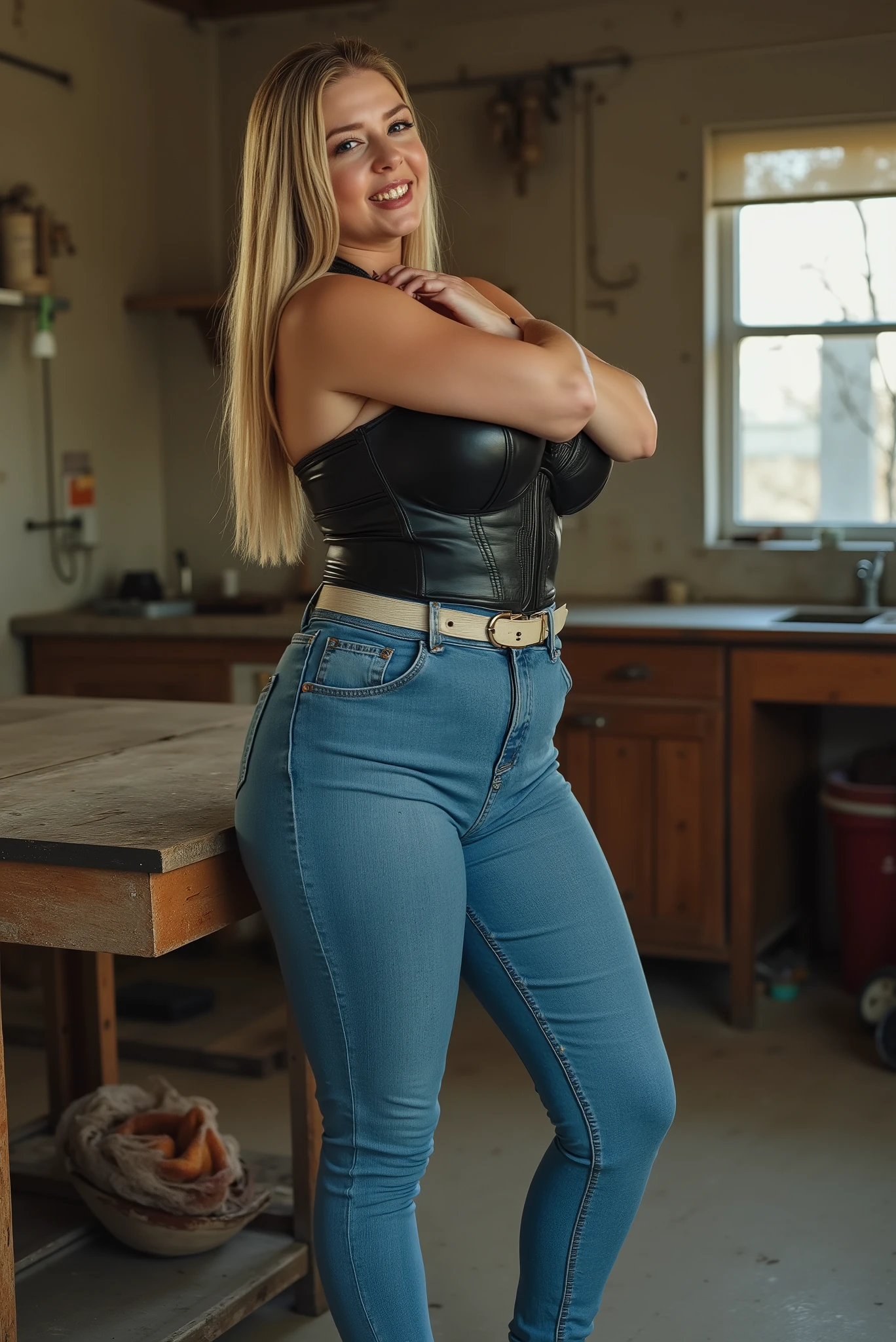 Realistic candid photograph of a white European young woman facing the camera with a dominant yet relaxed posture inside an empty house garage. She's leaning casually against a wooden workbench, one hip cocked to the side, emphasizing her exceptionally wide hips in tight-fitting stretchy skinny light-blue high-waisted jeans. Her thick upper thighs and rounded pelvis create a dramatic hourglass silhouette with an impressive hip-to-waist ratio. Very thin cream colored belt cinches the waistband, highlighting the striking contrast between her narrow waist and extremely wide hips. One thick leg crosses casually in front of the other in a relaxed contrapposto stance, weight shifted to one side. Long straight blonde hair frames her face with a few strands falling over one shoulder. She wears a structured black leather corset top that enhances her figure, leaving her midriff bare. Her arms are crossed loosely over her chest, projecting effortless authority. Clunky sneakers complete her look. Soft natural lighting streams through dusty garage windows, creating dramatic highlights on her form. Professional photography, high resolution, photorealistic detail, 85mm lens.