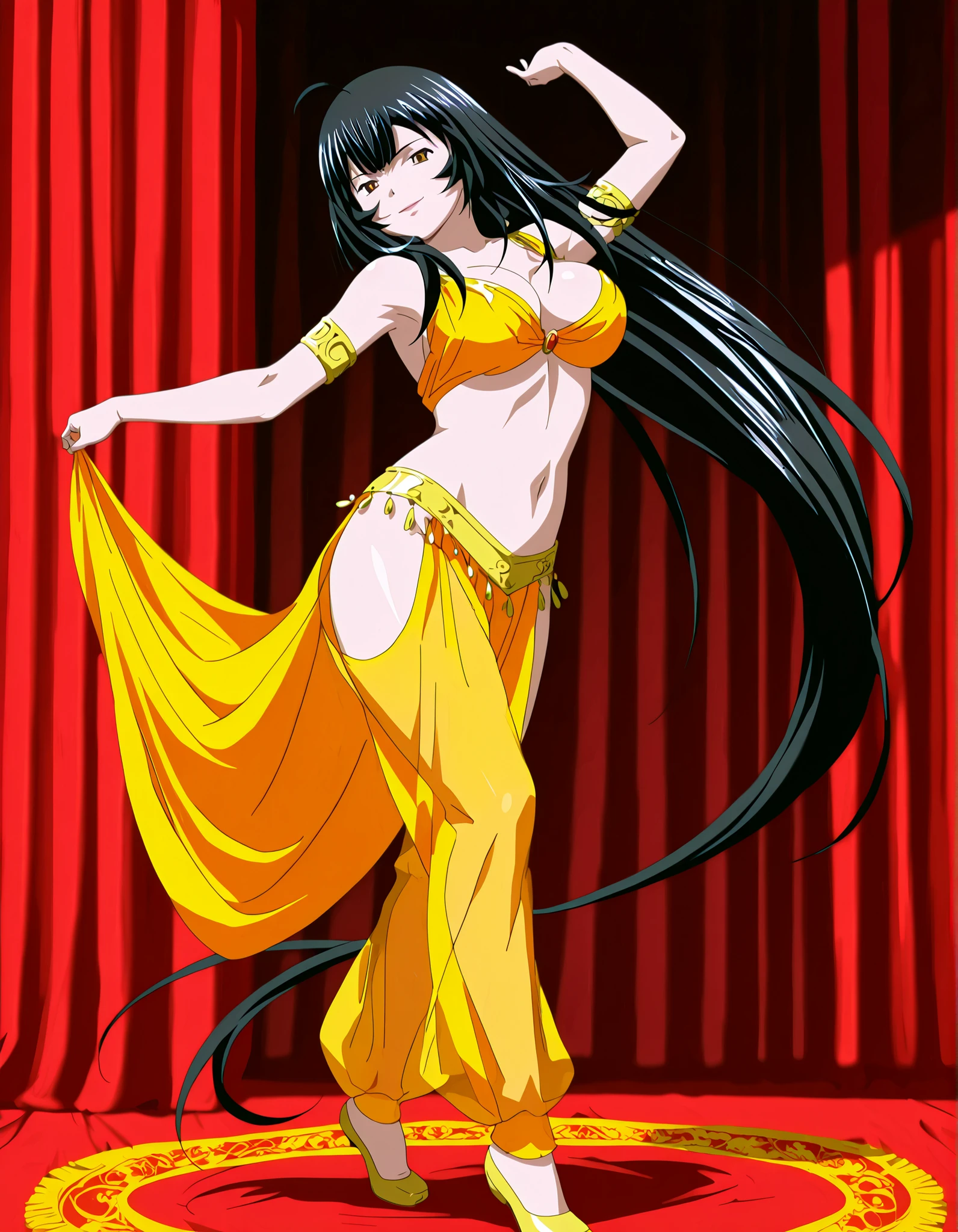 (1girl:1 . 5) , (Seul:1 . 5) , score_9 , score_8_haut , score_7_haut , source_anime , Official work , ultra-detailed , masterpiece , best quality , high resolution , beaux yeux , detailed eyes , Detailed face , beautiful detailed eyes,1girl,very long hair, black hair, ahoge, brown eyes, red ribbon,Ikkitousen,Shifu Choushou,Arabian Clothes , Arabian Dancer Outfit ,belly dancer costume,belly dancer outfit ,full body,golden jewelery,armlet, belly dancing,arabian theater,seductive smile, dancing with veil, dynamic movement,dance posture, pose
