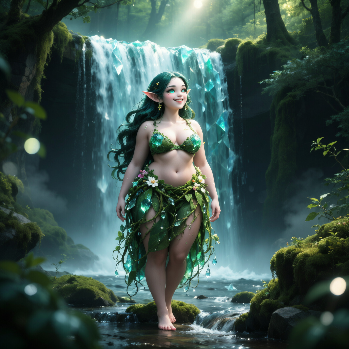High elf woman walking on her knees for you,  asian face, wet skin, view from front, looking up at viewer, big eyes, dark green hair, braid crown, slender body, slim-thick, caramel skin, small, waterfall pond background, full body, 