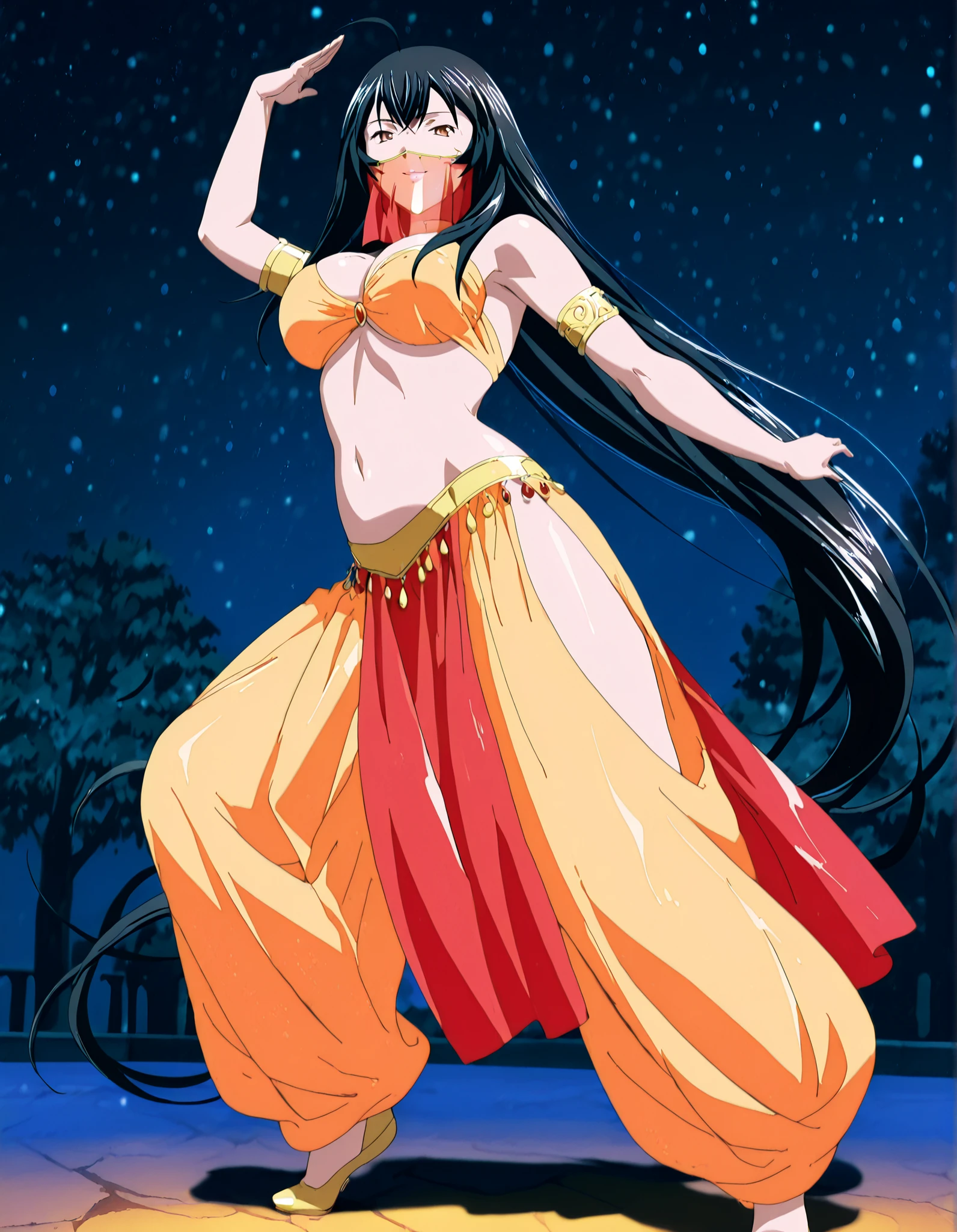(1girl:1 . 5) , (Seul:1 . 5) , score_9 , score_8_haut , score_7_haut , source_anime , Official work , ultra-detailed , masterpiece , best quality , high resolution , beaux yeux , detailed eyes , Detailed face , beautiful detailed eyes,1girl,very long hair, black hair, ahoge, brown eyes, red ribbon,Ikkitousen,Shifu Choushou,Arabian Clothes , Arabian Dancer Outfit ,belly dancer costume,belly dancer outfit ,full body,golden jewelery,mouth veil,armlet, belly dancing,night,arabian garden,seductive smile, dancing with veil, dynamic movement,dance posture, pose