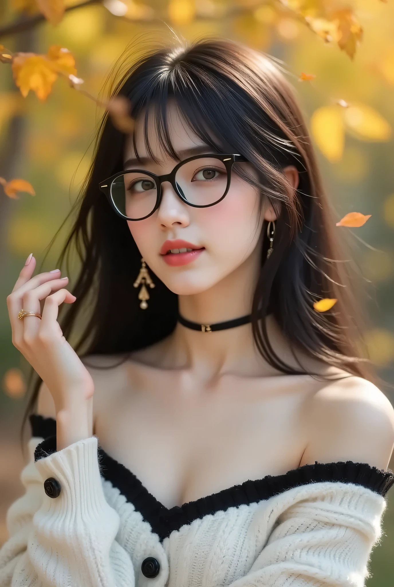 long hairが風に軽くなびき、Looking in the direction of the flower、Beautiful Woman、One person、One person、long hair、viewers、Smile、blue eyes、hair ornaments、(Wears Black Deep Glasses)、soft lights、Rimlight、bright detail、short bob hair、dark haired、Big Natural Lips、、(perfect body)、beautiful legs、break) (A fusion of a sleeveless white and black monotone off-shoulder sweater and a white micro dress wearing gold-rimmed glasses:1.4)、(body line:1.2)、 ((Bare Shoulders、Thin wrists、bare thighs):1。3)、(Black Choker Necklace)、(wool:1。2)、break(Heeled Sandals:1。2)、(earrings from behind:1。3)、 (Bangles:1.2)teeth、Cry a little、小さなSmile、20 year old girl、cute type 、、maha's rya(Very beautiful young teenage girl, beauty of an IDOL), Tampilan Full Body, wearing a sexy autumn costume, auto customized hairstyle model, straight medium dark hair, suasana musim gugur, garden with autumn leafy trees whose leaves are falling, the effect of autumn leaves falling around, poses staring in the direction of falling leaves into her raised hands, (Mata Biru jernih, mata bulat besar, very beautiful eyes), hidung mancung, bibir merah lembut, perfect small tits, (cleavage on the lower chin), Tubuh langsing, very white and clean skin, Perfectly proportioned body and head, pakai anting kecil, 8K ultra HD resolution, photorealistic quality, Ketajaman Maksimal, karya agung, 8k, Kualitas Tertinggi, super detail, resolusi tinggi, sangat detail, Foto yang jelas, detail realistis, highly detailed background, Very clear background.