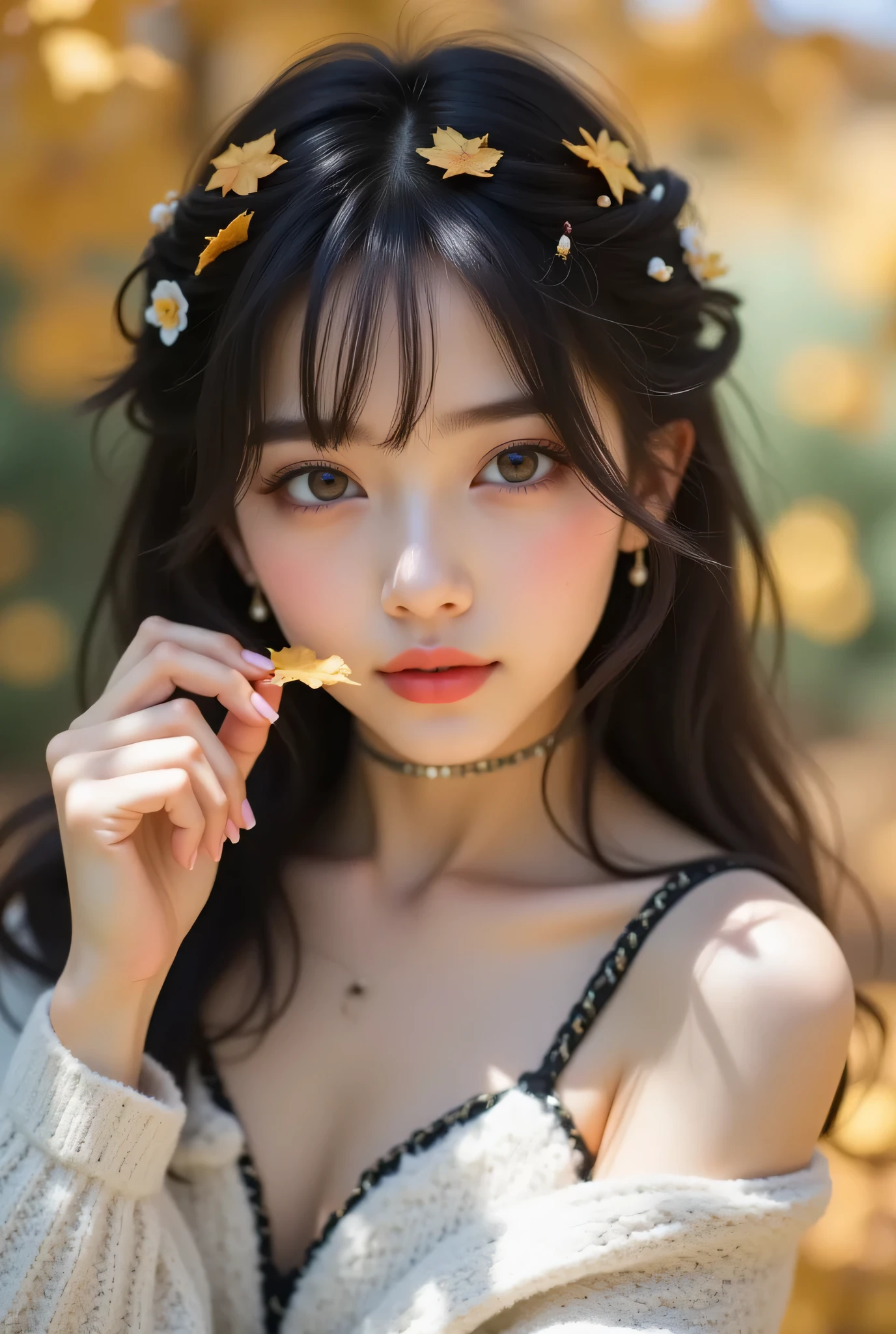 long hairが風に軽くなびき、Looking in the direction of the flower、Beautiful Woman、One person、One person、long hair、viewers、Smile、blue eyes、hair ornaments、(Wears Black Deep Glasses)、soft lights、Rimlight、bright detail、short bob hair、dark haired、Big Natural Lips、、(perfect body)、beautiful legs、break) (A fusion of a sleeveless white and black monotone off-shoulder sweater and a white micro dress wearing gold-rimmed glasses:1.4)、(body line:1.2)、 ((Bare Shoulders、Thin wrists、bare thighs):1。3)、(Black Choker Necklace)、(wool:1。2)、break(Heeled Sandals:1。2)、(earrings from behind:1。3)、 (Bangles:1.2)teeth、Cry a little、小さなSmile、20 year old girl、cute type 、、maha's rya(Very beautiful young teenage girl, beauty of an IDOL), Tampilan Full Body, wearing a sexy autumn costume, auto customized hairstyle model, straight medium dark hair, suasana musim gugur, garden with autumn leafy trees whose leaves are falling, the effect of autumn leaves falling around, poses staring in the direction of falling leaves into her raised hands, (Mata Biru jernih, mata bulat besar, very beautiful eyes), hidung mancung, bibir merah lembut, perfect small tits, (cleavage on the lower chin), Tubuh langsing, very white and clean skin, Perfectly proportioned body and head, pakai anting kecil, 8K ultra HD resolution, photorealistic quality, Ketajaman Maksimal, karya agung, 8k, Kualitas Tertinggi, super detail, resolusi tinggi, sangat detail, Foto yang jelas, detail realistis, highly detailed background, Very clear background.