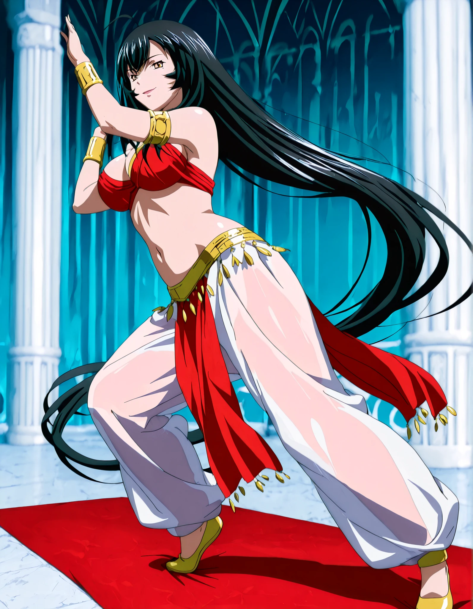 (1girl:1 . 5) , (Seul:1 . 5) , score_9 , score_8_haut , score_7_haut , source_anime , Official work , ultra-detailed , masterpiece , best quality , high resolution , beaux yeux , detailed eyes , Detailed face , beautiful detailed eyes,1girl,very long hair, black hair, ahoge, brown eyes, red ribbon,Ikkitousen,Shifu Choushou,Arabian Clothes , Arabian Dancer Outfit ,belly dancer costume,belly dancer outfit ,full body,golden jewelery,armlet, belly dancing,arabian garden,seductive smile, dancing with veil, dynamic movement,dance posture, pose