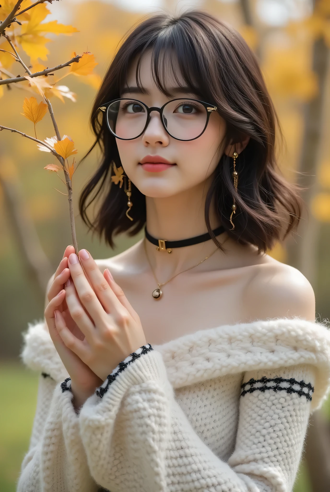 long hairが風に軽くなびき、Looking in the direction of the flower、Beautiful Woman、One person、One person、long hair、viewers、Smile、blue eyes、hair ornaments、(Wears Black Deep Glasses)、soft lights、Rimlight、bright detail、short bob hair、dark haired、Big Natural Lips、、(perfect body)、beautiful legs、break) (A fusion of a sleeveless white and black monotone off-shoulder sweater and a white micro dress wearing gold-rimmed glasses:1.4)、(body line:1.2)、 ((Bare Shoulders、Thin wrists、bare thighs):1。3)、(Black Choker Necklace)、(wool:1。2)、break(Heeled Sandals:1。2)、(earrings from behind:1。3)、 (Bangles:1.2)teeth、Cry a little、小さなSmile、20 year old girl、cute type 、、maha's rya(Very beautiful young teenage girl, beauty of an IDOL), Tampilan Full Body, wearing a sexy autumn costume, auto customized hairstyle model, straight medium dark hair, suasana musim gugur, garden with autumn leafy trees whose leaves are falling, the effect of autumn leaves falling around, poses staring in the direction of falling leaves into her raised hands, (Mata Biru jernih, mata bulat besar, very beautiful eyes), hidung mancung, bibir merah lembut, perfect small tits, (cleavage on the lower chin), Tubuh langsing, very white and clean skin, Perfectly proportioned body and head, pakai anting kecil, 8K ultra HD resolution, photorealistic quality, Ketajaman Maksimal, karya agung, 8k, Kualitas Tertinggi, super detail, resolusi tinggi, sangat detail, Foto yang jelas, detail realistis, highly detailed background, Very clear background.