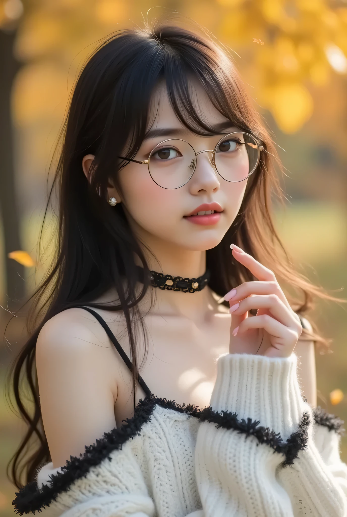 long hairが風に軽くなびき、Looking in the direction of the flower、Beautiful Woman、One person、One person、long hair、viewers、Smile、blue eyes、hair ornaments、(Wears Black Deep Glasses)、soft lights、Rimlight、bright detail、short bob hair、dark haired、Big Natural Lips、、(perfect body)、beautiful legs、break) (A fusion of a sleeveless white and black monotone off-shoulder sweater and a white micro dress wearing gold-rimmed glasses:1.4)、(body line:1.2)、 ((Bare Shoulders、Thin wrists、bare thighs):1。3)、(Black Choker Necklace)、(wool:1。2)、break(Heeled Sandals:1。2)、(earrings from behind:1。3)、 (Bangles:1.2)teeth、Cry a little、小さなSmile、20 year old girl、cute type 、、maha's rya(Very beautiful young teenage girl, beauty of an IDOL), Tampilan Full Body, wearing a sexy autumn costume, auto customized hairstyle model, straight medium dark hair, suasana musim gugur, garden with autumn leafy trees whose leaves are falling, the effect of autumn leaves falling around, poses staring in the direction of falling leaves into her raised hands, (Mata Biru jernih, mata bulat besar, very beautiful eyes), hidung mancung, bibir merah lembut, perfect small tits, (cleavage on the lower chin), Tubuh langsing, very white and clean skin, Perfectly proportioned body and head, pakai anting kecil, 8K ultra HD resolution, photorealistic quality, Ketajaman Maksimal, karya agung, 8k, Kualitas Tertinggi, super detail, resolusi tinggi, sangat detail, Foto yang jelas, detail realistis, highly detailed background, Very clear background.