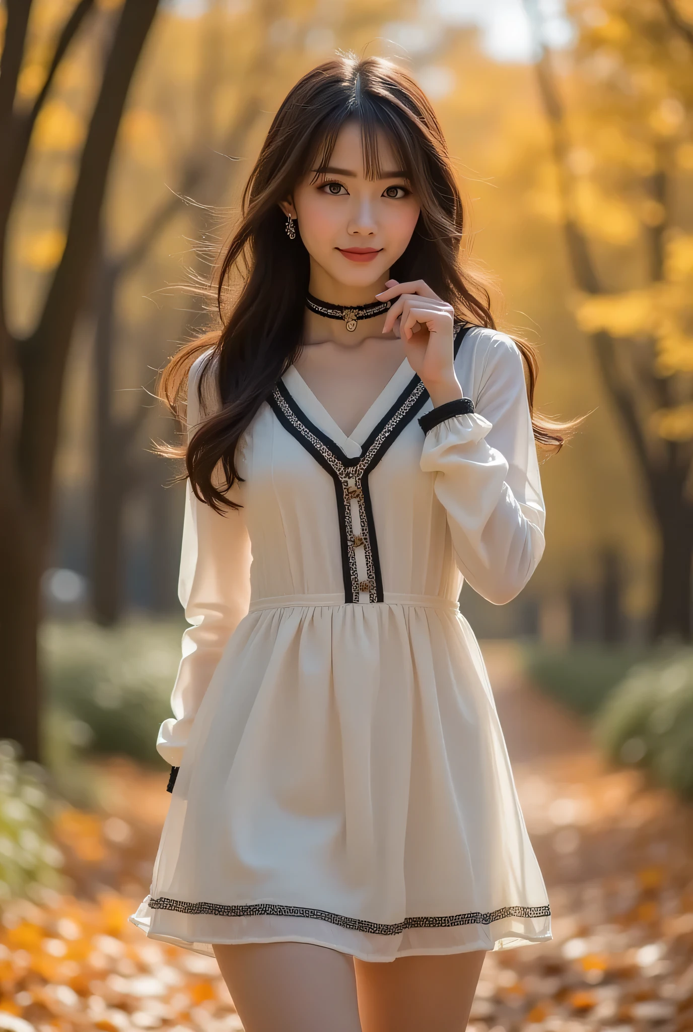 CNS Dress、dress、Pantyhose、high heels、((cowboy shot)), ((shoulder out)), ((Short Hemline、sexy long legs)), exposed shoulder、Fine fingers、High quality skin、cloud、wind、 flowing hair のOne person。 flowing hair , (Highest Image Quality,4k,8k,Hi-Res,masterpieces from above:1.2),Super detailed, (real,photorealistic,photorealistic:1.37),studio lighting、Brilliant Colors、long hairが軽くなびき、photorealisticなスタイルで、Beautiful Woman、One person、long hair、viewers、Smile、blue eyes、hair ornaments、soft lights、Rimlight、bright detail、short bob hair、dark haired、nature。natureな色合いの大きな唇、(perfect body)、beautiful legs、break) (auto customized hairstyle model {x} sleeveless white and black monotone shoulder sweater combined with white micro dress:1.4)、(body line:1.2)、((Bare Shoulders、Thin wrists、bare thighs):1。3)、((Black Choker Necklace):1。(Black Choker Necklace)、(wool:1.2)、break(Heeled Sandals:1.2)、(earrings from behind:1.3)、(Bangles:1.2)、小さなSmile、20 year old girl、cute type 、maha's rya(Very Beautiful Young Teenage Girl) beauty like an idol )、Tampyran Full Body、Sexy Fall Costume、straight medium dark hair、Photorealistic、Suasana Musim Guggul、 Fall Foliage Tree with Falling Leaves々There is a garden with、Effects of Autumn Leaves Falling All Around、Black Choker Necklace。